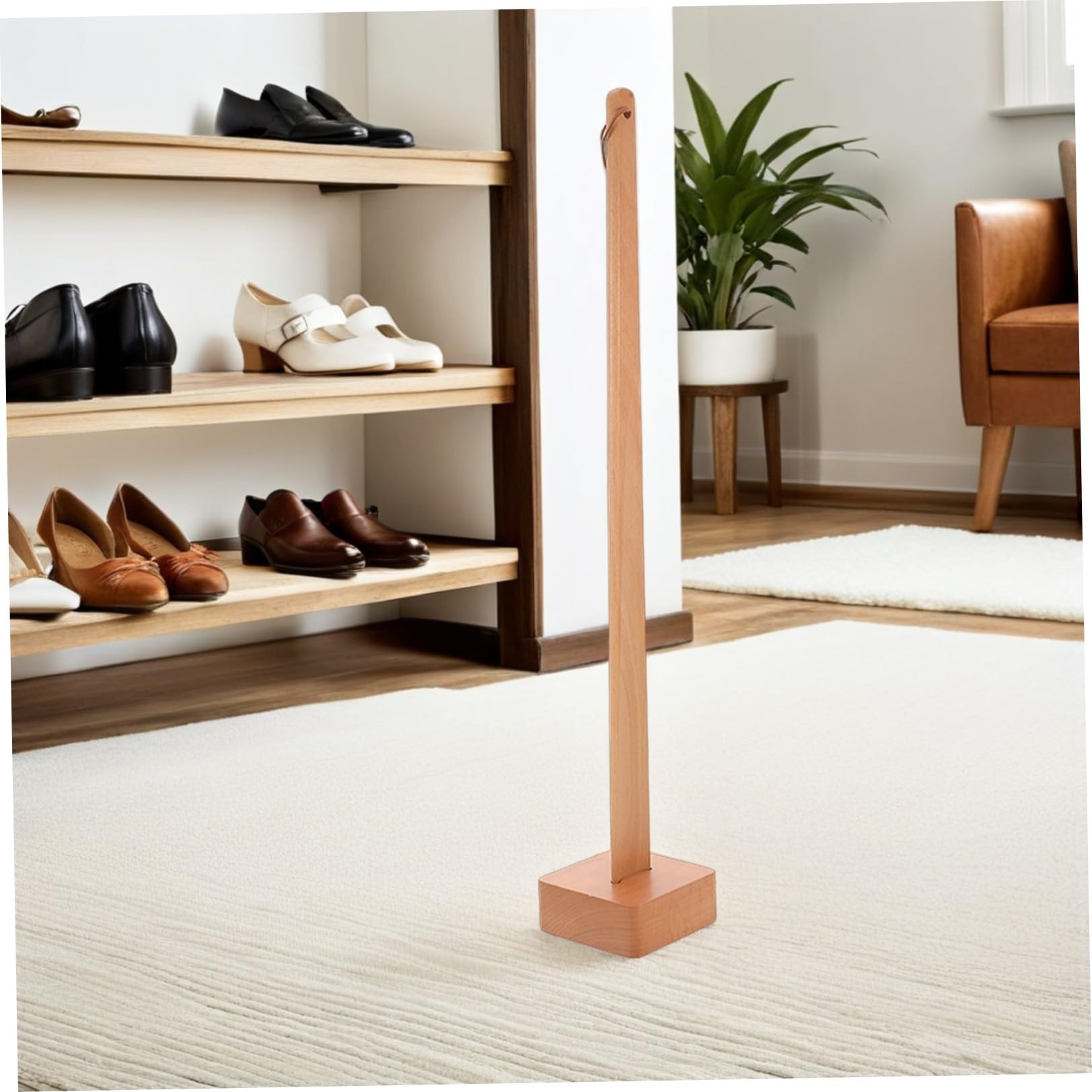 Calzador Ergonómico de Madera Mango Largo de 55 CM y Base Estable Antideslizante, Accesorio para Facilitar el Calzado en Adultos y Hombres, para Uso en Interiores