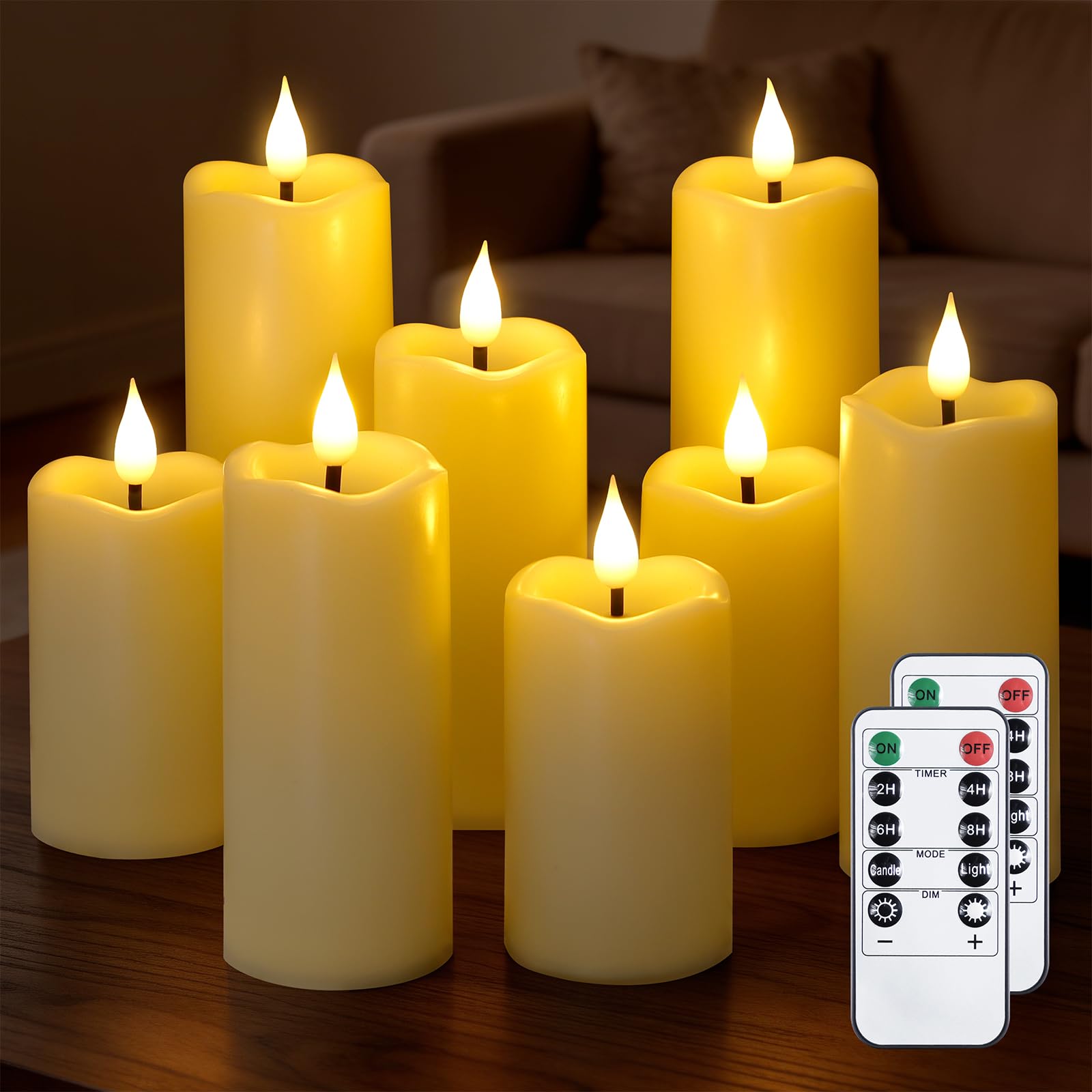 Yeelida Batterie flackernde LED-Kerzen, Packung mit 8 flammenlosen elfenbeinfarbenen Kunststoffkerzen mit Fernbedienungen und Zeitschaltuhr, die über 600 Stunden halten(5,3cmx 11, 14, 17cm)