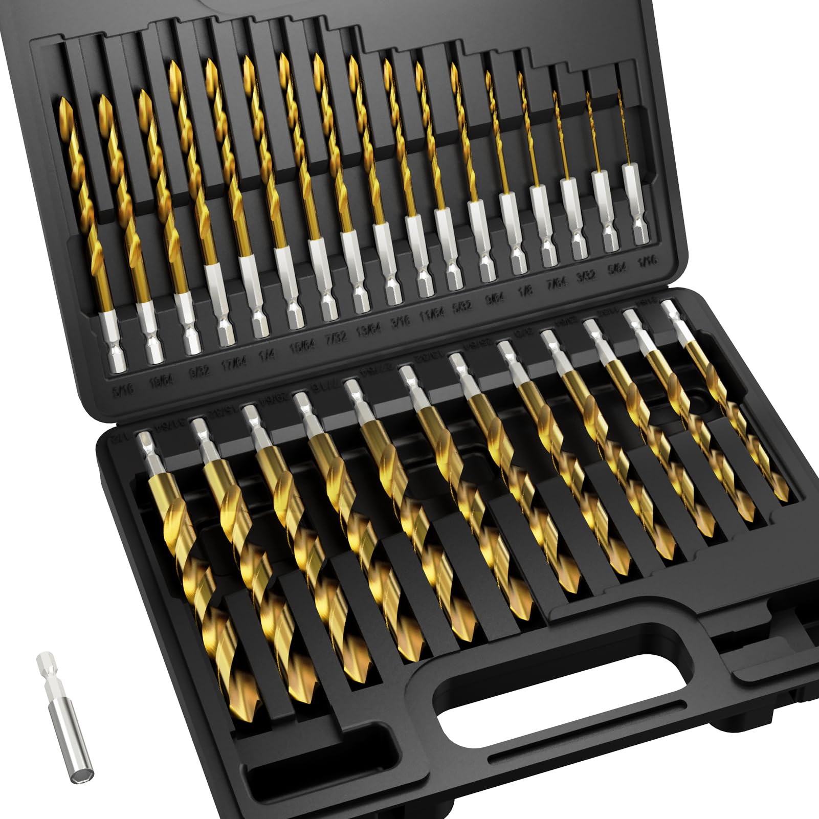MACXCOIP Hex Shank Drill Bit Set, 30Pcs HSS Titanium Twist Drill Bit for Sheet Metal, Wood, Plastic, Quick Change Design (1/16" - 1/2")