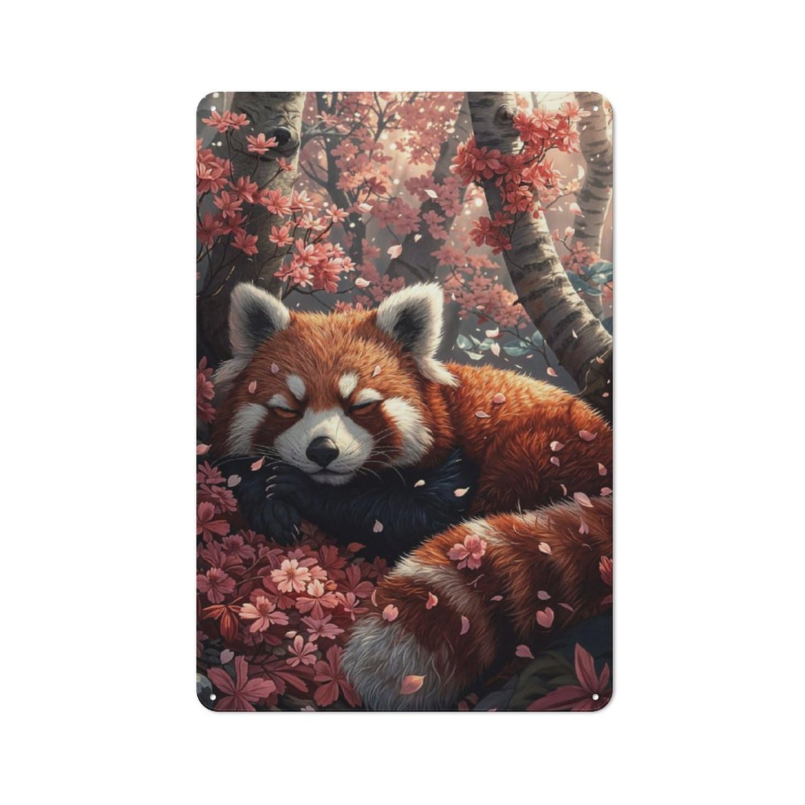 Junmoney Red Panda Sleeping Sakura Barn Style Metal Wall Decor 30X20cm, Country Metal Sign For Kitchen, Cottage, Porch Or Garden Room