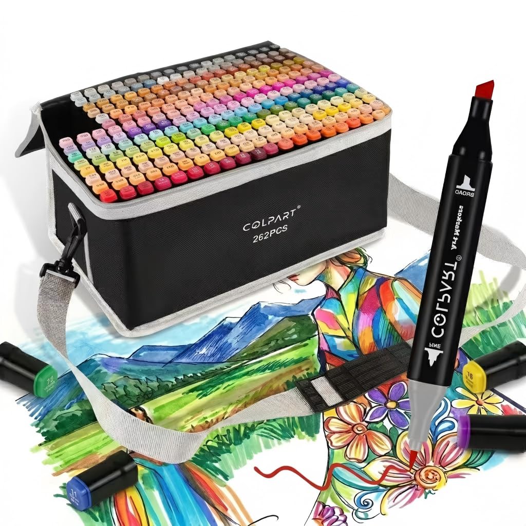 colpart TwinMarkers – Set de 262 Rotuladores de Alcohol de Doble Punta (Pincel & Bisel) – Marcadores Profesionales para Dibujo, Ilustración y Coloración – Con Estuche de Transporte