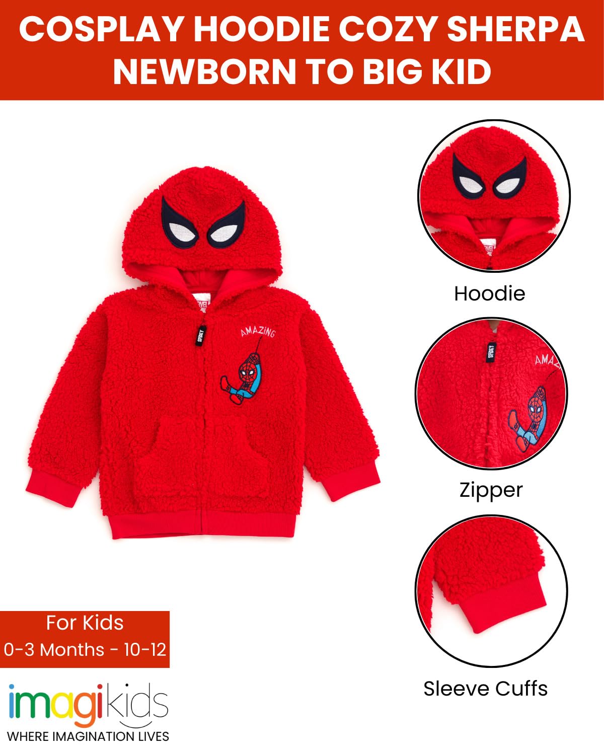 Marvel Avengers Spider-Man Accogliente Sherpa Cosplay Hoodie Neonato a Big Kid Taglie (0-3 Mesi - 10-12)