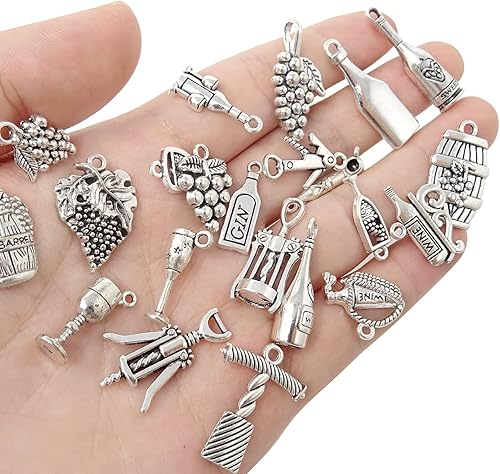 Miniatura 3 de Honbay 46 dijes de metal con temática de vino, plata antigua, vino, uva, copa de cóctel, abridor de botellas de vino, dijes de barril para
