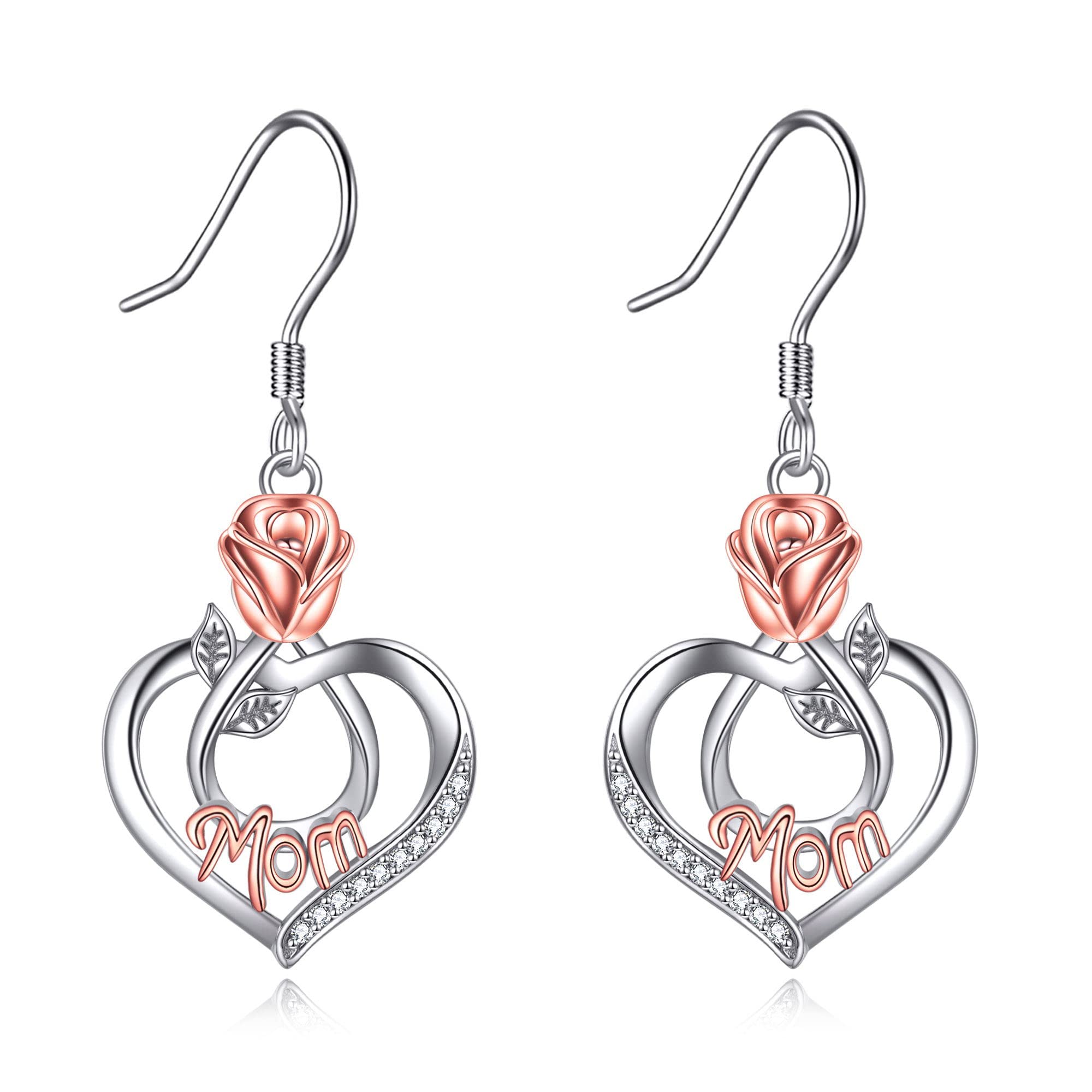 Gifts for Mom Mom Earrings with Rose Flower Love Heart 925 Sterling Silver Crystal Dangle Drop Hook Earrings