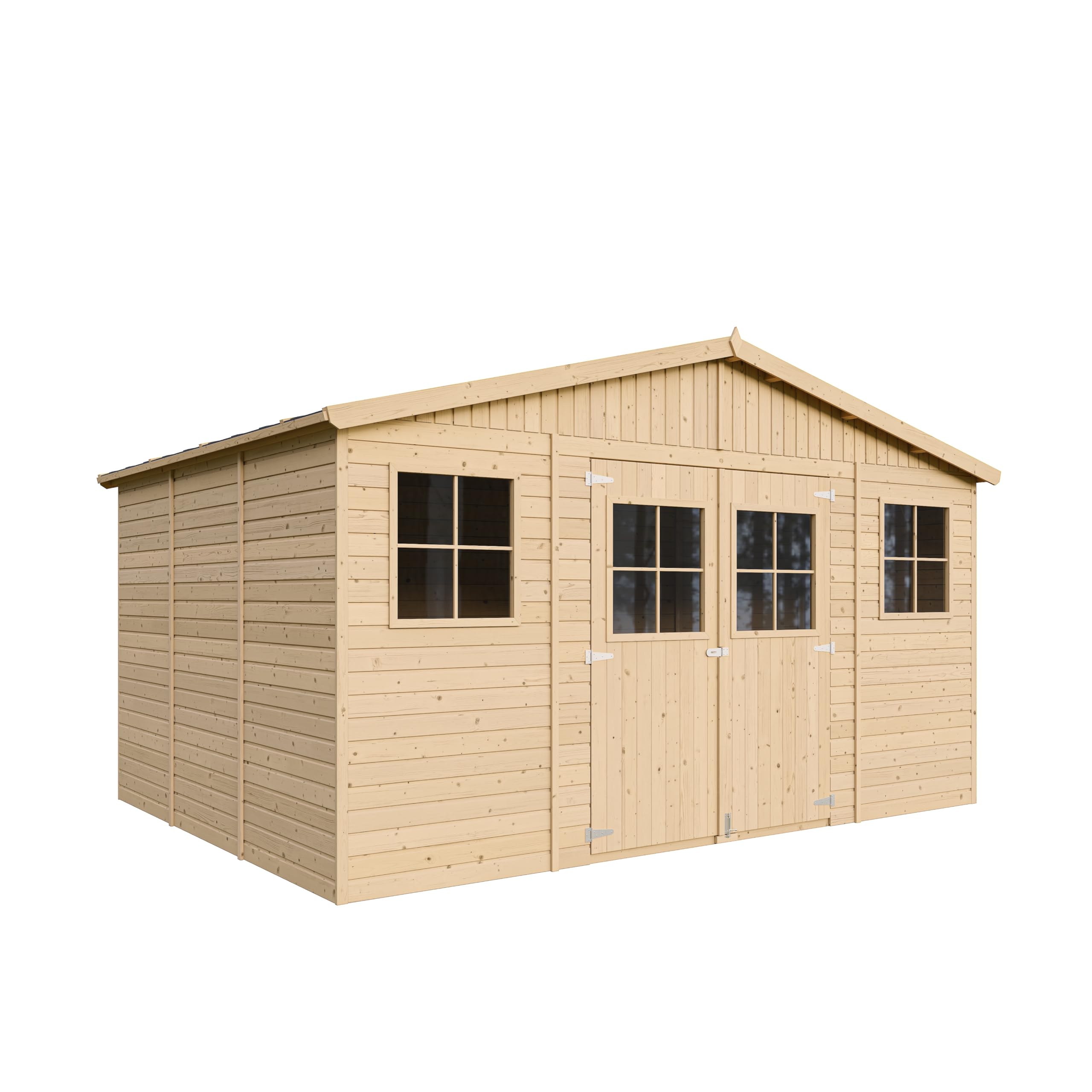 Abri de Jardin en Bois Naturel - Stockage extérieur avec fenêtres- H246x418x320 cm/​12 m²- Hangar en Bois Naturel - Atelier Rangement Outils et vélos- Timbela M331
