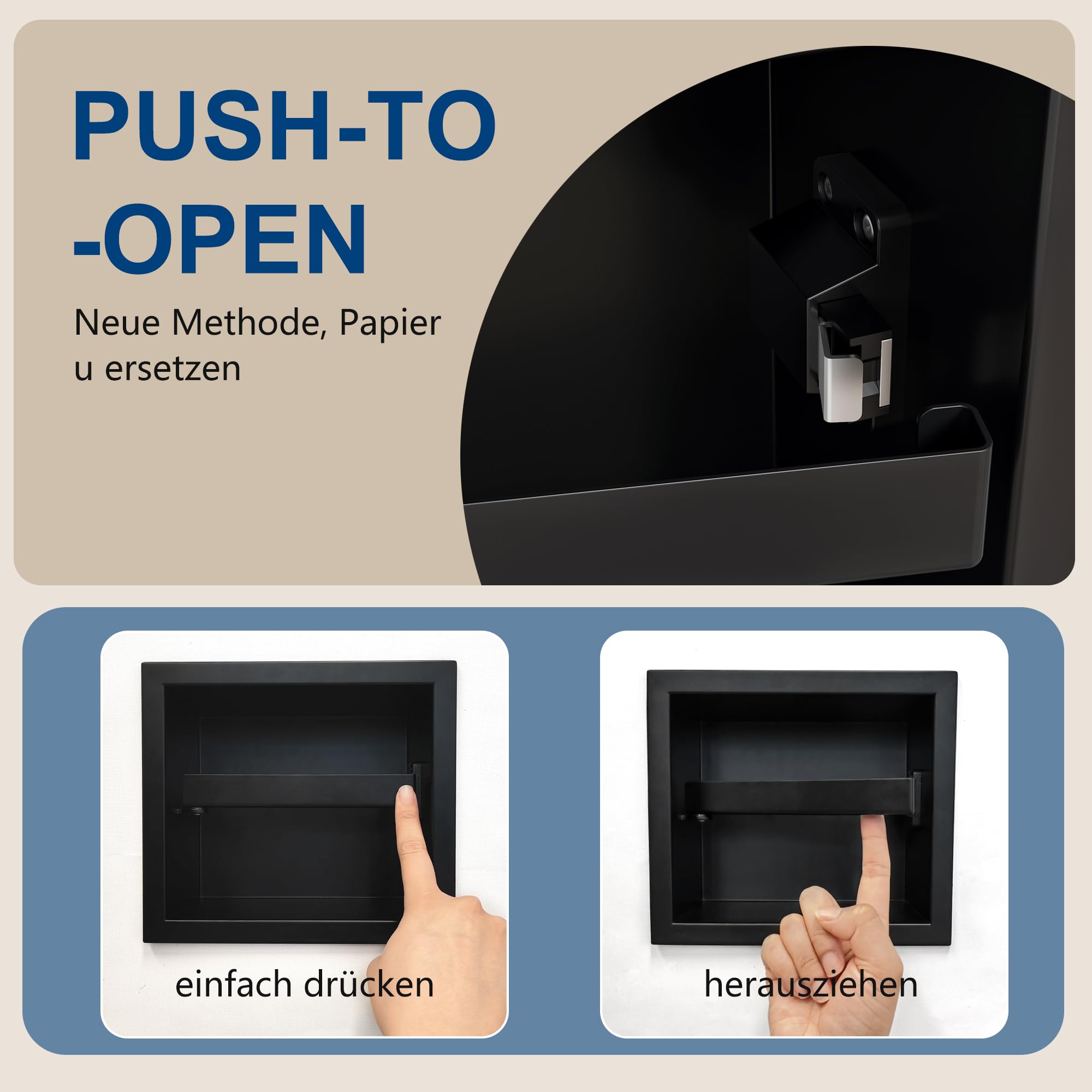 Push-to-Open Einbau Toilettenpapierhalter, Edelstahl 304 Wandnische Klopapierhalter, Bad Papierspender mit Drucköffner, platzsparender WC Rollenhalter für Renovierung und Modernisierung