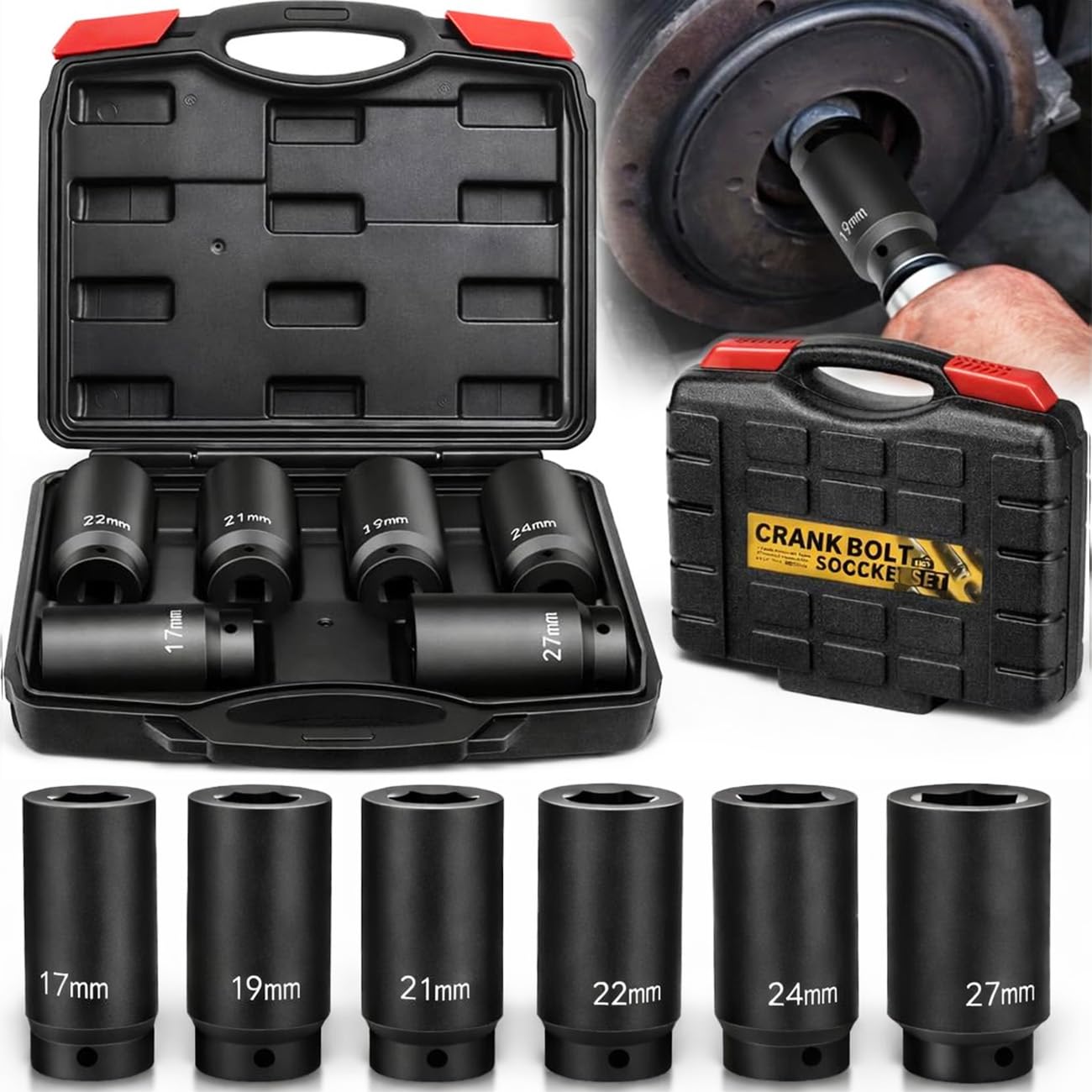 Set di 6 chiavi a bussola per manovella da 1/2", 17 mm, 19 mm, 21 mm, 22 mm, 24 mm, 27 mm, set di bussole per bilanciamento armonico, set di bussole metriche profonde da 1/2", 3 volte la potenza del