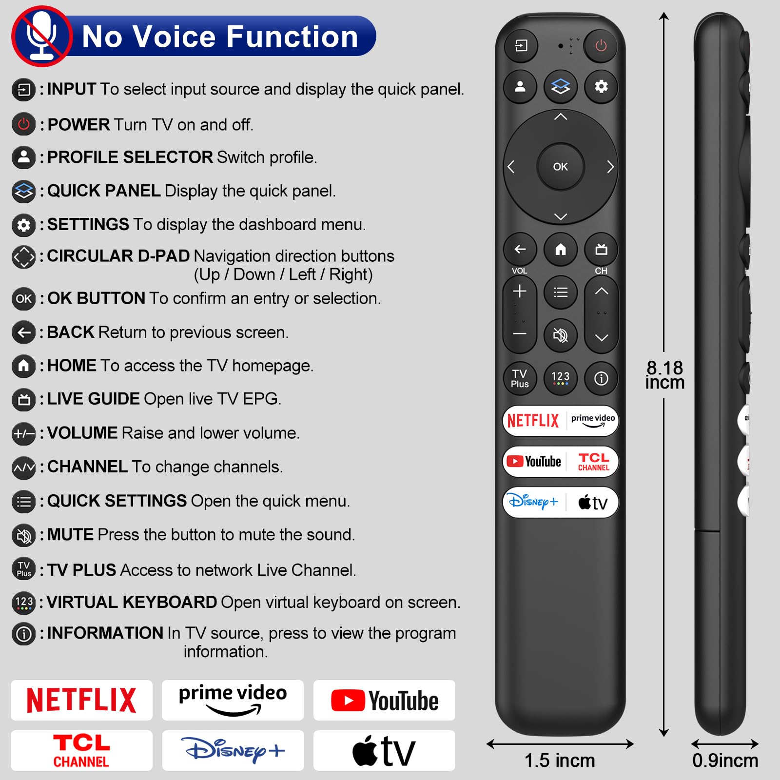 Replacement for TCL Google TV Remote Control RC813, Compatible with TCL QM8/QM7/S5/S4/S3/Q7/Q6/Q5 Series 4K UHD HDR QLED LED Smart TVs — view 7
