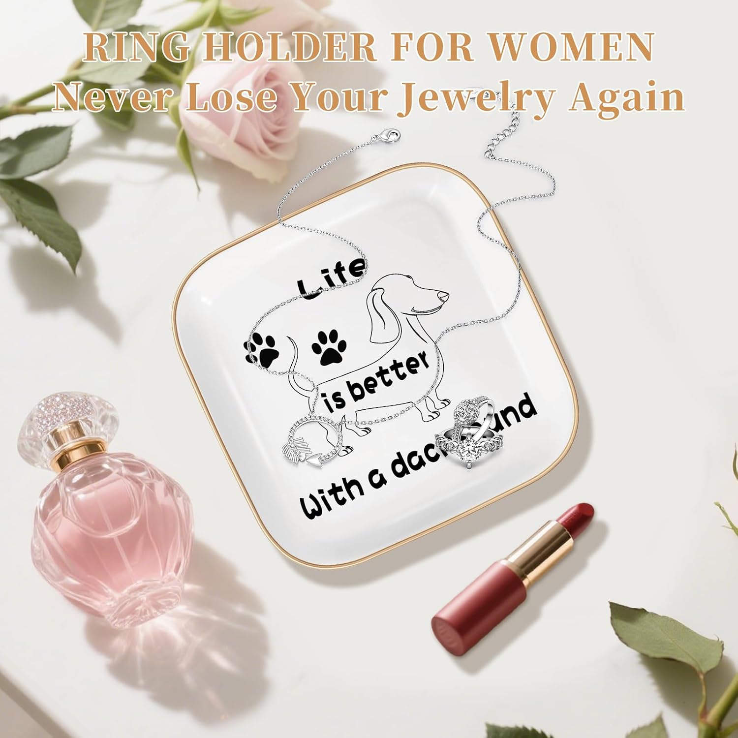 Dachshund jewelry dish tray gifts for Women Sister Friend Girls Mom Women Sister Friend Girls .Cute Weiner Dog Animal Ring Holder for Graduation Valentines,Birthdays,Wedding
