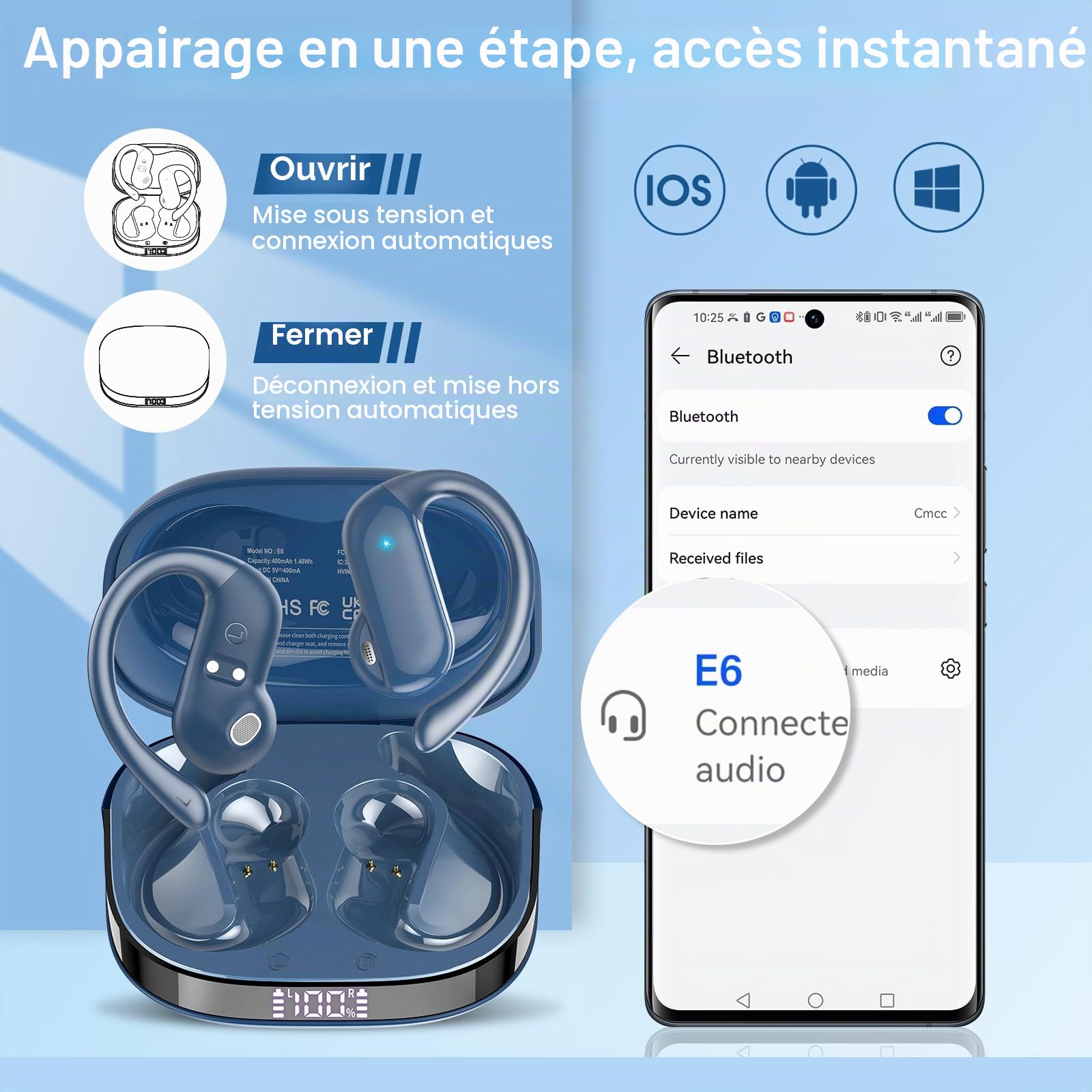 Ecouteurs Bluetooth sans Fil, Open-Ear Sport Écouteur Bluetooth 5.4 HiFi Stéréo, 42H Oreillette sans Fil avec ENC Mic et Écran LED, IPX7 Ecouteurs pour Course/Ciclismo, iOS Android, Bleu