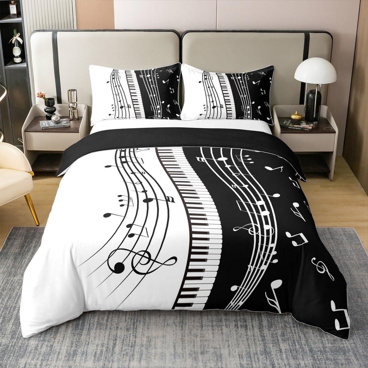 Juego de funda de edredón para niños, 100 % algodón, tamaño Super King, teclado de teclas de piano, notas musicales, para niños y niñas, temática de música clásica hip pop, funda de edredón negro y