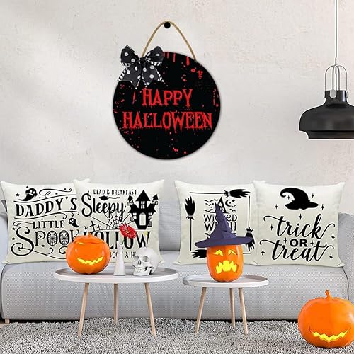 Miniatura 5 de Muroanmi Decoración de esqueleto de Halloween de 12 pulgadas, letrero de puerta de esqueleto, corona de puerta de calavera, letrero de bienvenida de