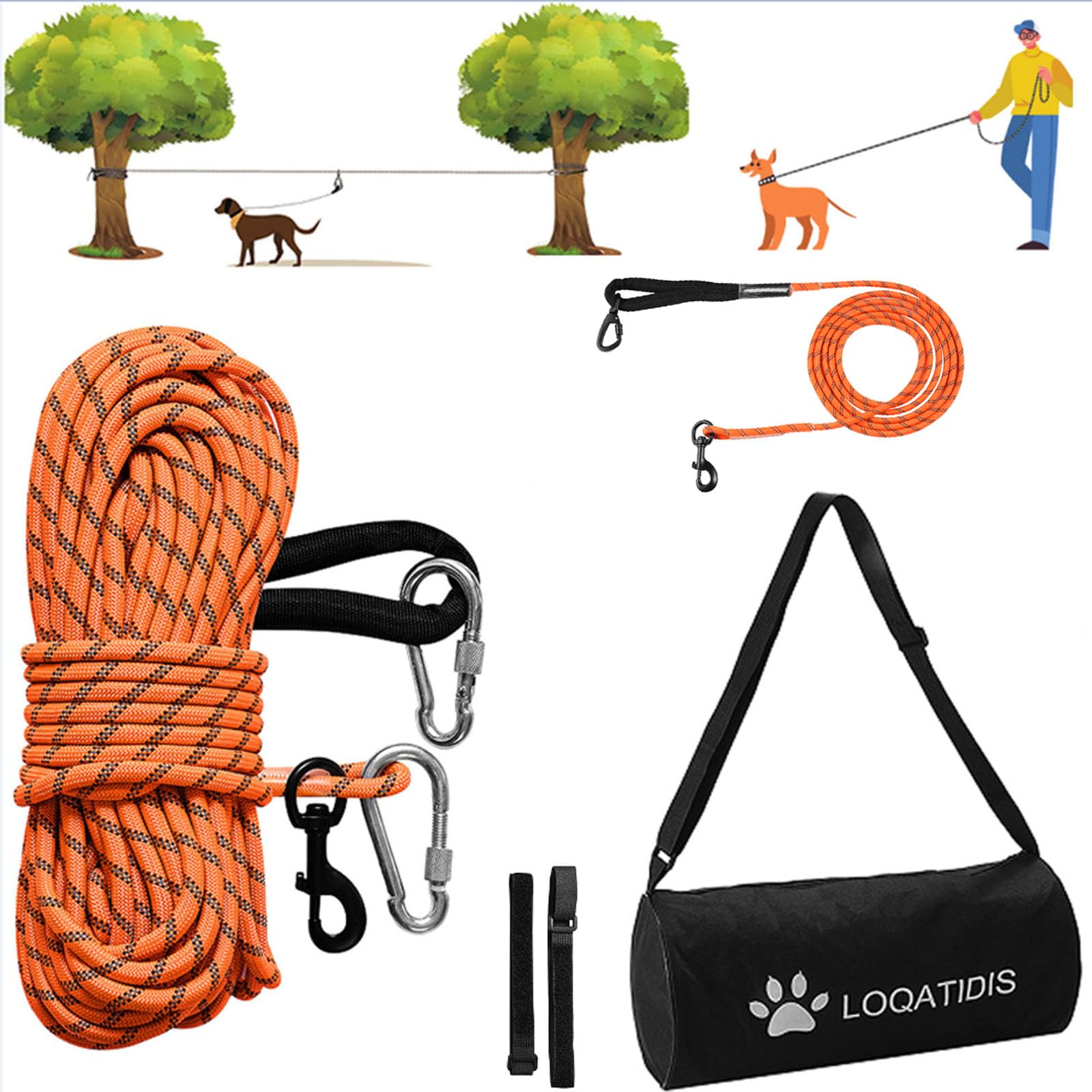 Câble d'attache pour Chien 3 en 1,15M+3M Orange Nylon Réfléchissante Corde Longe système de Trolley Portable Laisse pour Chien Corde pour Cour Camping Parcs en Plein air avec Grande Sac