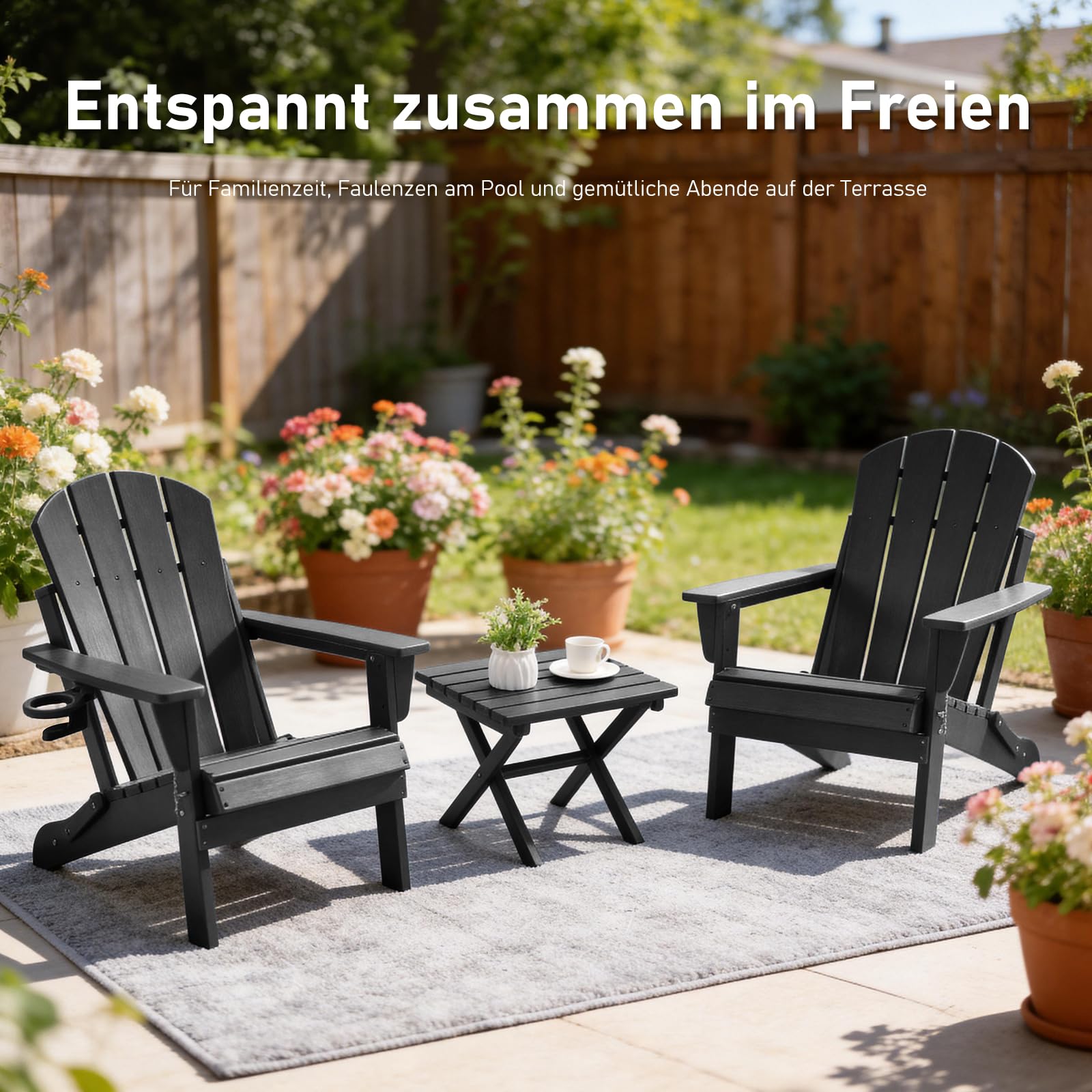 Adirondack Stuhl 2er Set Klappstuhl mit Getränkehalter, Wetterfest Gartenstuhl Patio Stühle, Gartensessel aus Kunststoff für Garten, Terrasse und Balkon, Schwarz 2pcs