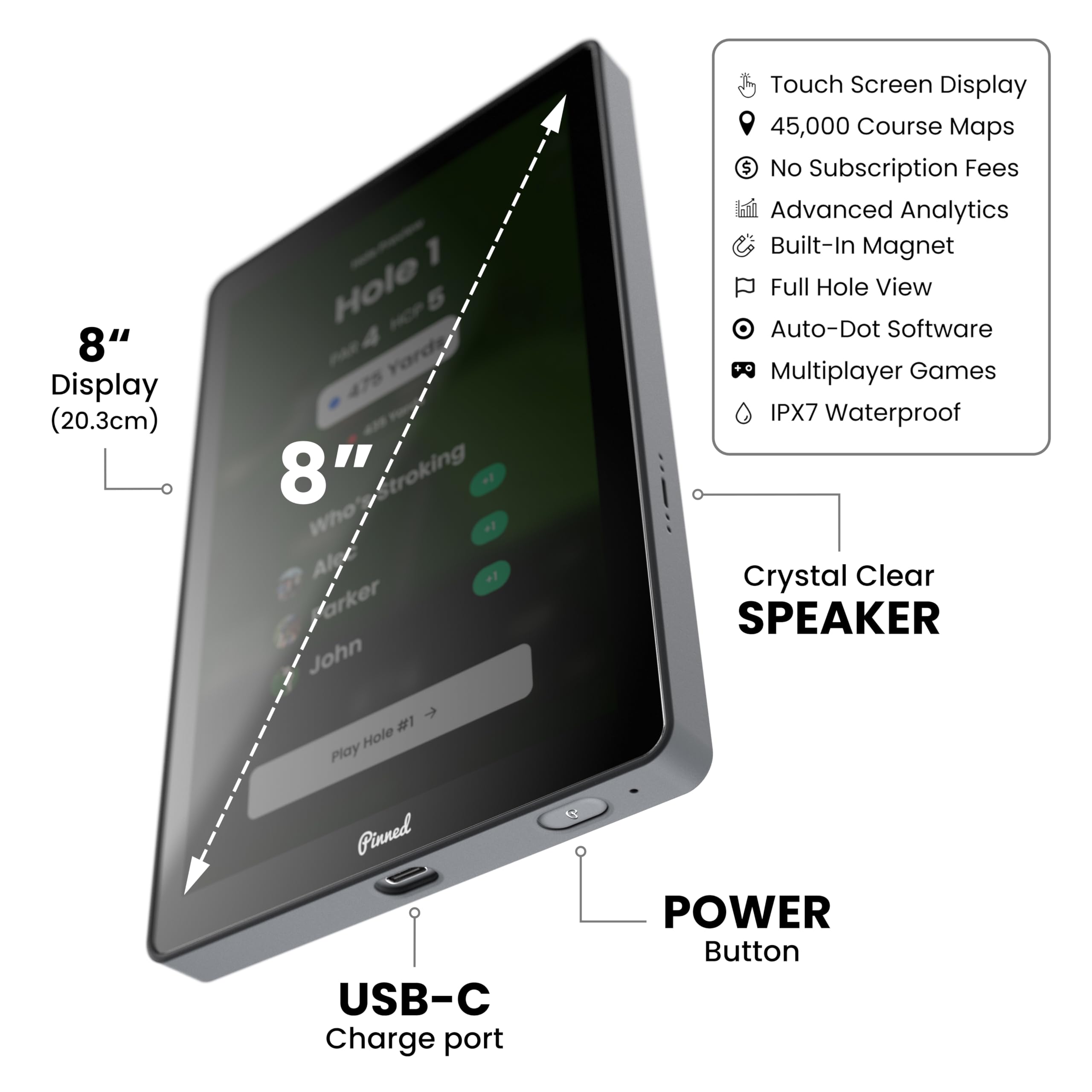Pinned Golf The Caddie Tragbares Golf-GPS-Gerät, Sonnenlicht-lesbarer 8-Zoll-Bildschirm, 45.000+ Golfplätze, wasserdicht, Touchscreen-Golf-GPS-Handgerät mit fortschrittlicher Analyse, Keine Gebühren