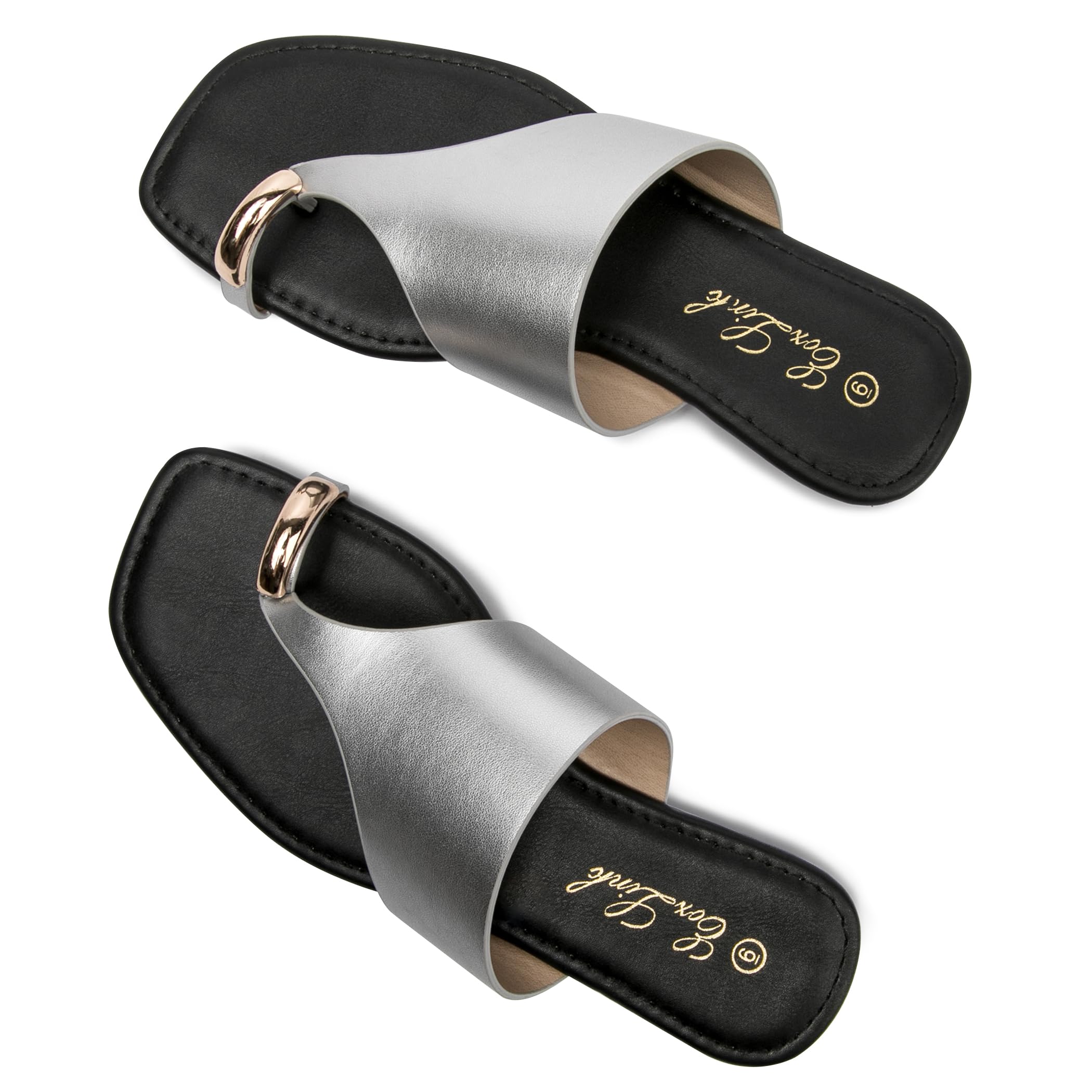 Women's Toe Ring Flat Sandals, Slip On Dressy Summer Slides