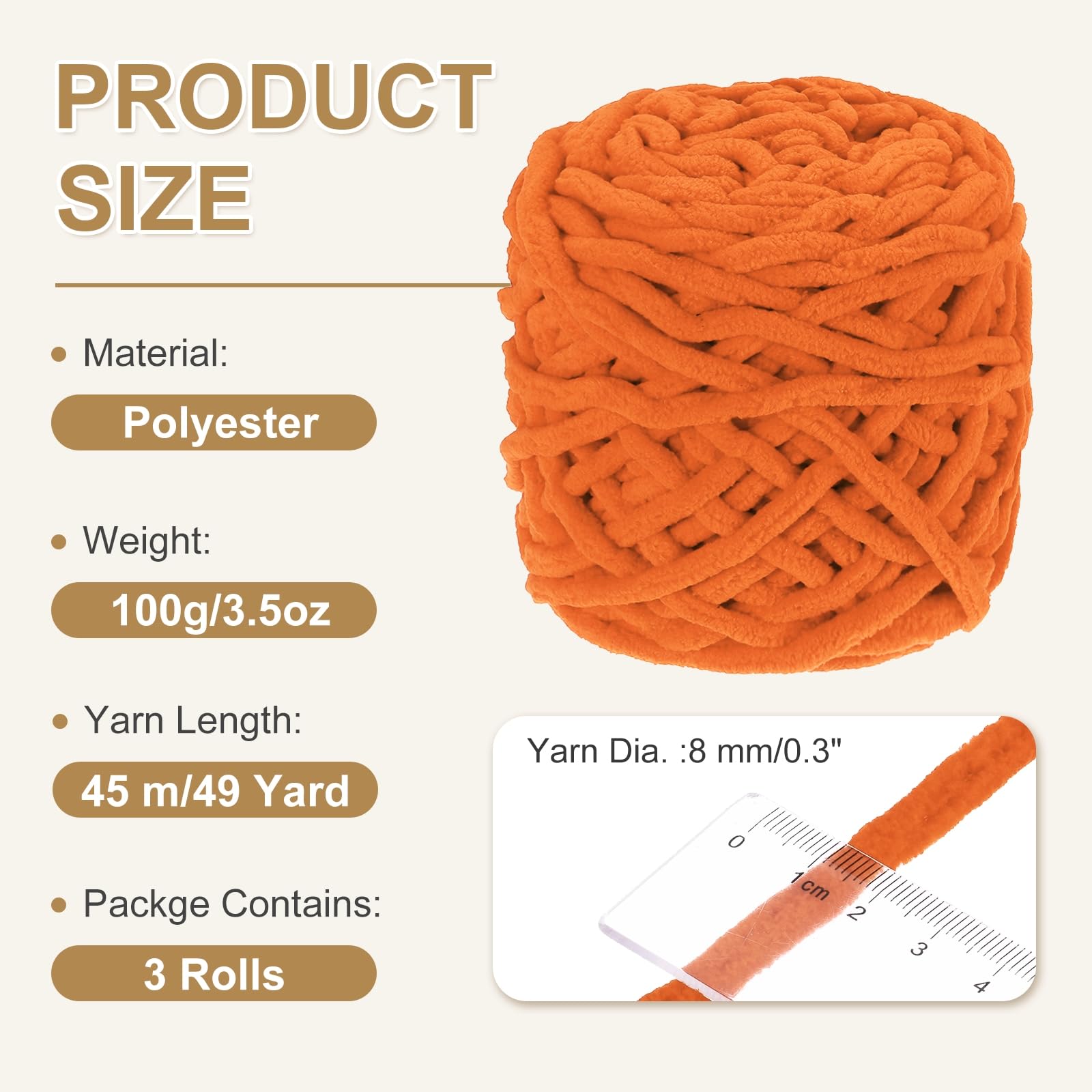 QUARKZMAN 3 Pezze Filato Per Coperta, 49 Iarde Morbido Velluto Spesso Peluche Chenille Filato Voluminoso Per Coperta Morbida Sciarpa Scialle Uncinetto Maglia A Mano Artigianato, Orange Red