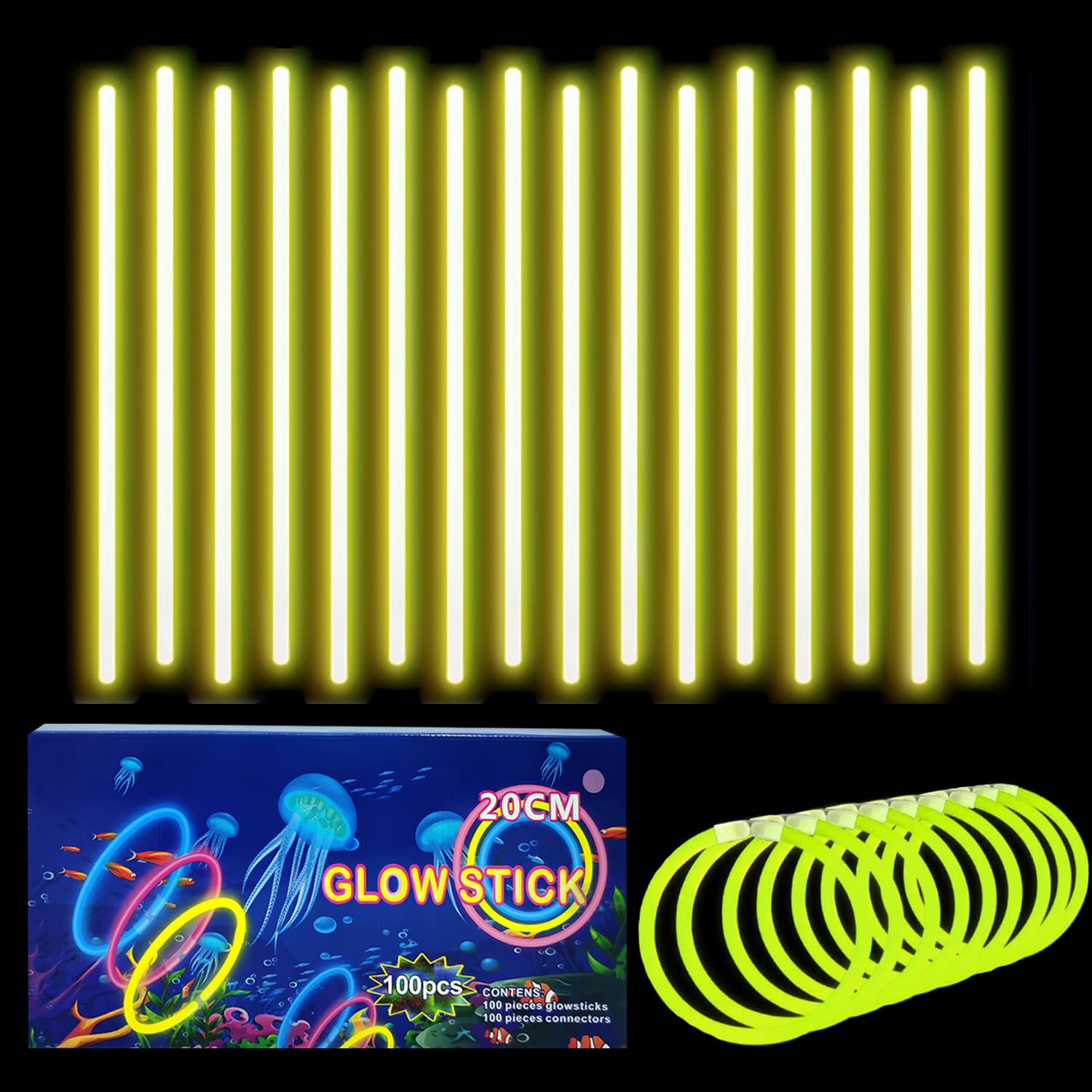 100Pcs Glow Sticks Party Packs with Connectors,20cm Glowsticks,Glow in the Dark Supplies,Long Lasting Glow Stick Necklaces Bracelets Glasses Accessories for Kids Adults Easter Party Supplies-Yellow