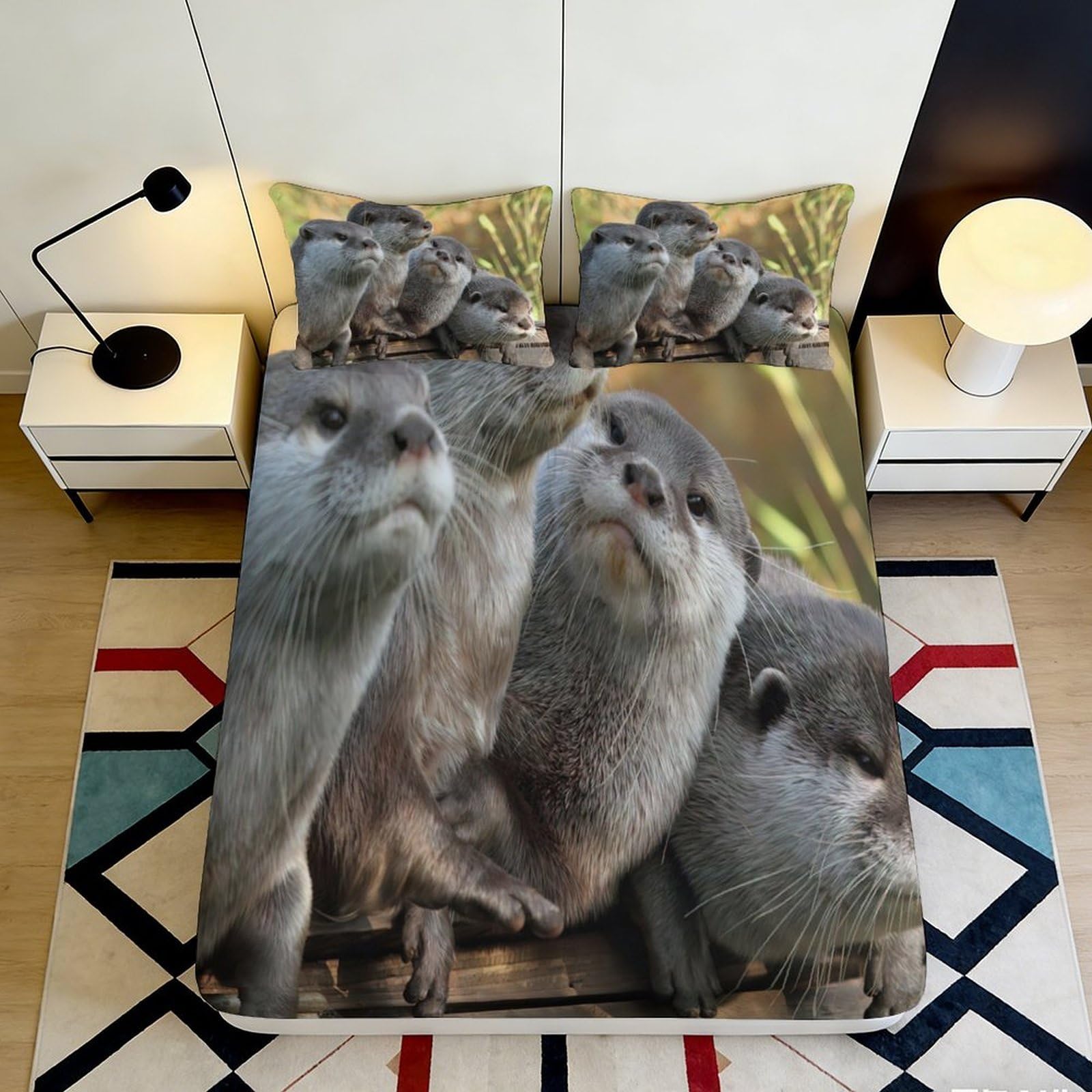 3D Printed Otter Family Fitted Sheet Microfiber Soft Breathable Forest Animal Mattress Cover for Bedroom Decor 90x200x25cm