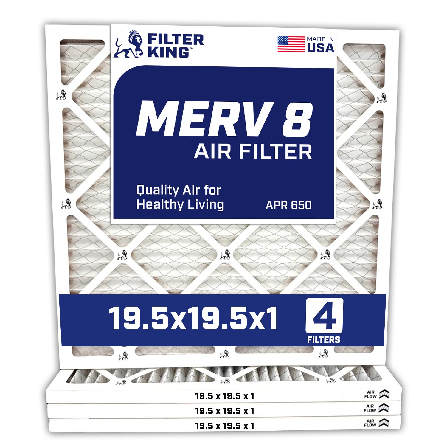 Filter King 19.5x19.5x1 Air Filter | 4-PACK | MERV 8 HVAC Pleated A/C Furnace Filters | MADE IN USA | Actual Size: 19.5 x 19.5 x .75