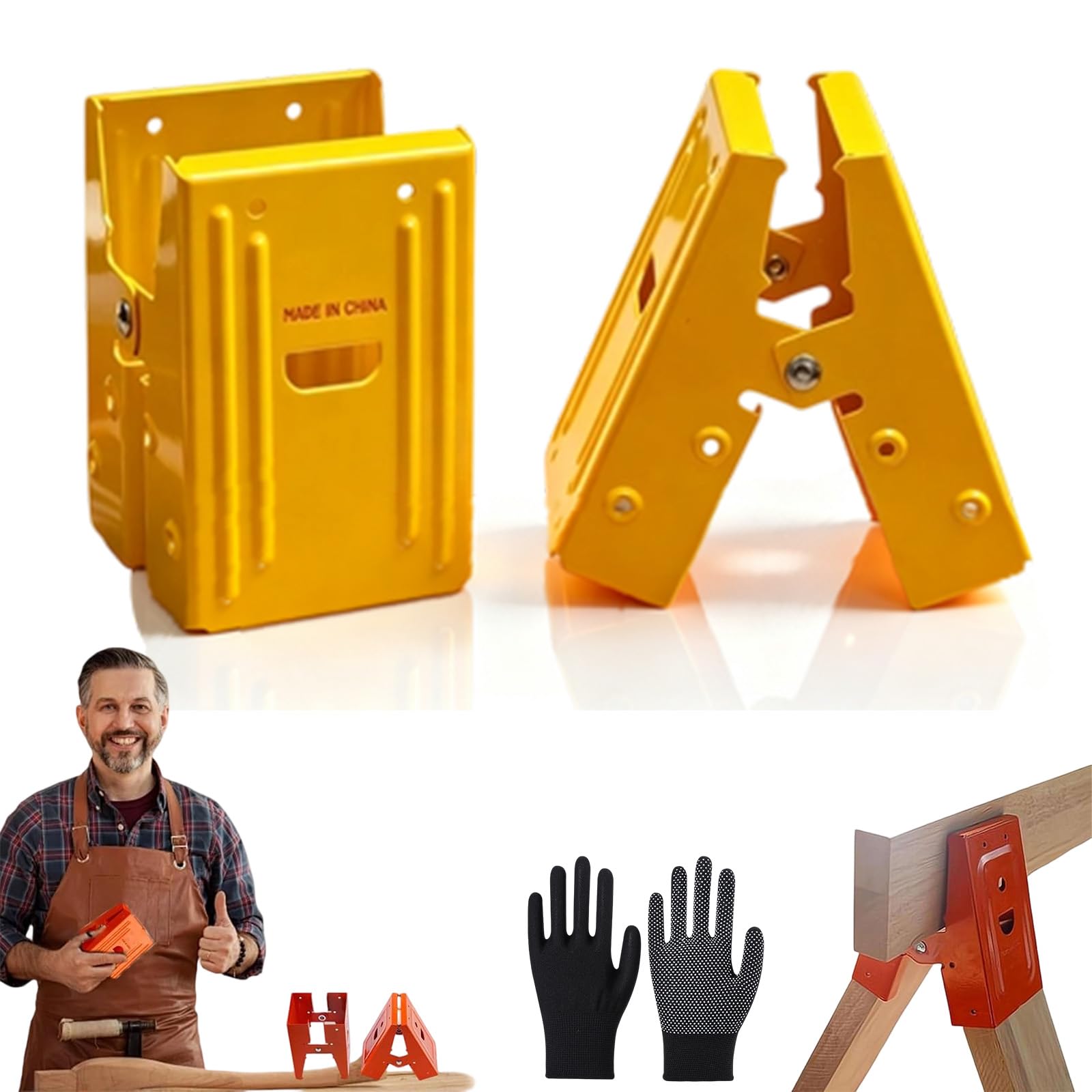 Heavy-Duty Sawhorse Bracket with Down Clamp, Angle Cold Rolled Steel Saw Horse Holder with Anti-Slip Grip, Adjustable Mechanical Sawhorse Brackets, for Woodworking & DIY (2-Yellow)