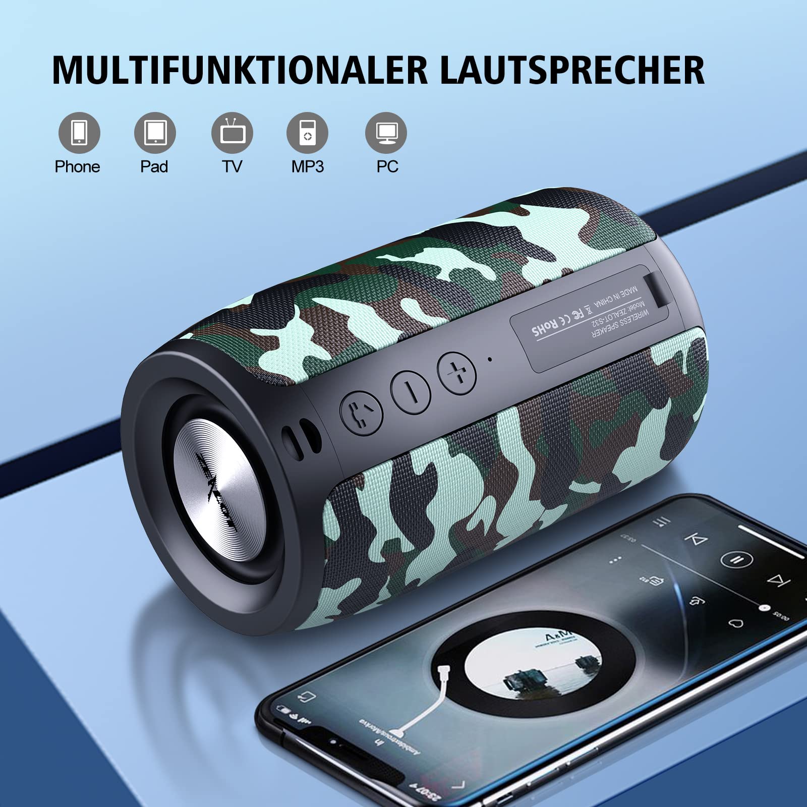 ZEALOT Cassa Bluetooth, Altoparlante Portatile, Outdoor, Bluetooth 5.0, Impermeabile, Stereo Rumoroso, Bassi Incredibili, 1500 Minuti Tempo di gioco con AUX/TF/USB per viaggi a casa