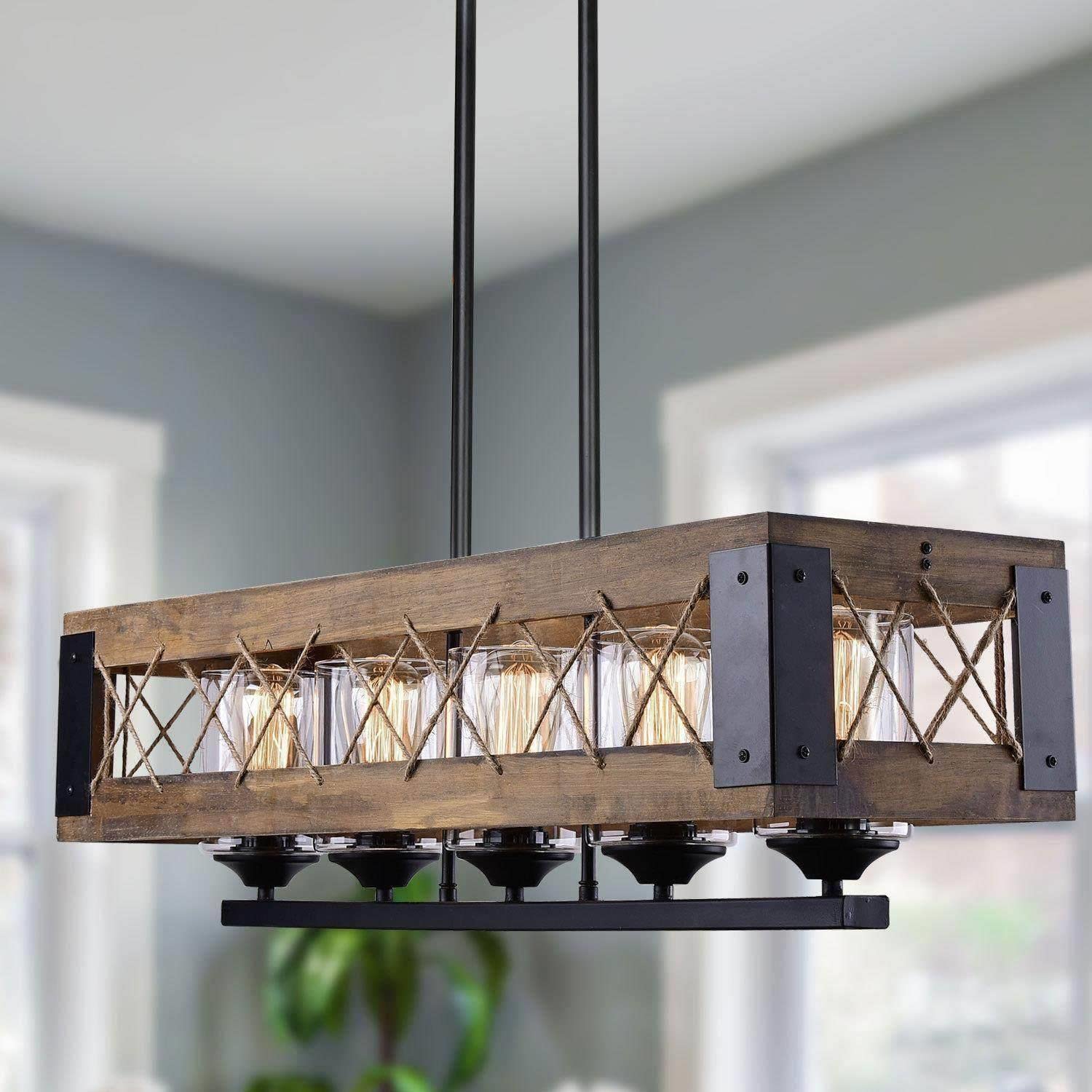 Farmhouse Chandeliers for Dining Room, 5-Light Rustic Rectangular Kitchen Island Lighting, Vintage Wood Island Lights for Kitchen with Clear Glass Shade