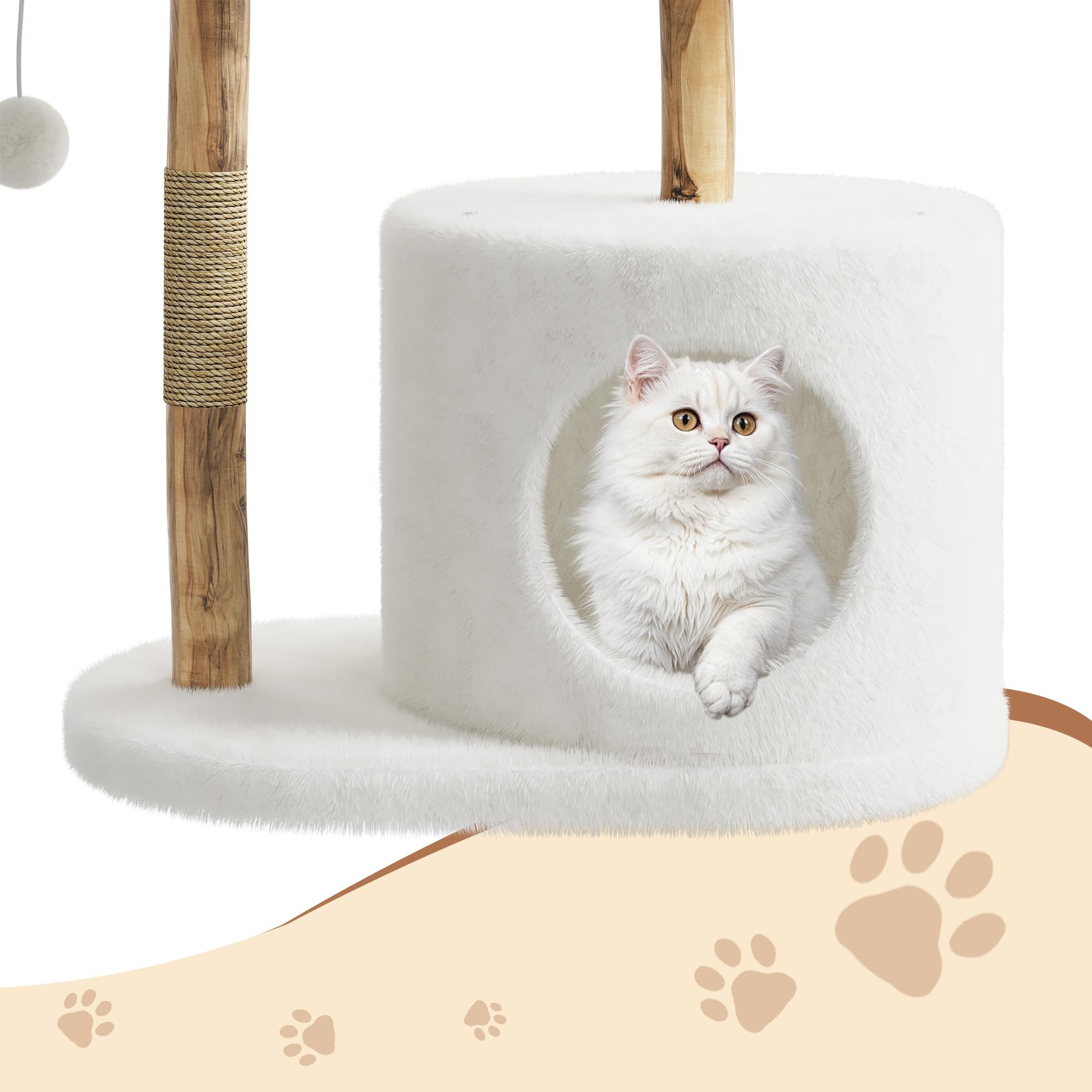 Arbre à Chat en Bois Massif 117cm avec Paniers en Osier Spacieux, Griffoir Poteau Sisal Plateformes de Saut et Boule Pompon pour Plusieurs Chats Intérieur Salon Appartement