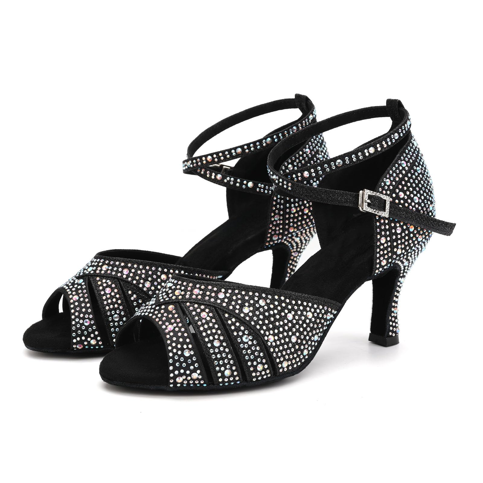 SWDZM Scarpe da Ballo Latino Donna Strass Salsa Bachata Prestazioni Professionale,Zwart,Hakhoogte 7cm,Suède zool,EU 34