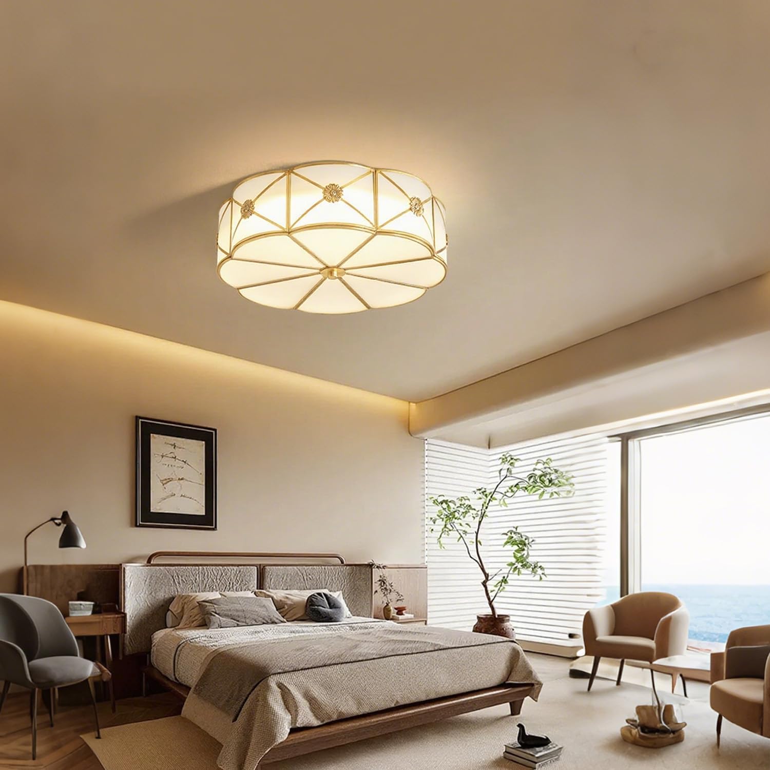 Size 23.62  Mid Century Brass Flush Mount Ceiling Light, 6-Light LED Brass and Glass Ceiling Lamp, Frosted Glass Shade Modern Light, Close to Ceiling Light Decorative for Bedroom Living Room(23.62 W)