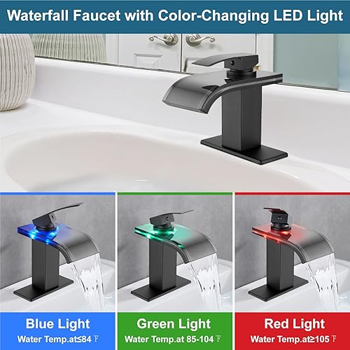 Miniatura 2 de Midanya Grifo de lavabo de baño LED, mango de cascada negro mate, mango de un solo agujero, grifo de baño de 3 colores cambiantes, boquilla de