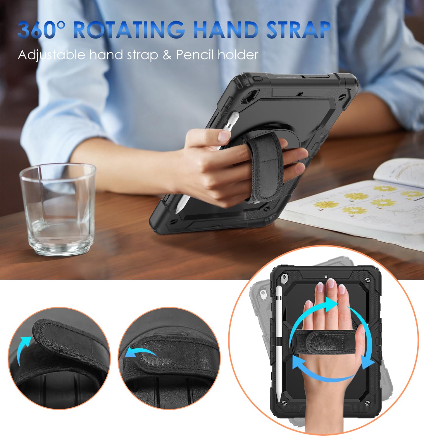 DAORANGE Custodia Cover per iPad 9a / 8a / 7a Generazione (iPad 10,2 Pollici 2021/2020/2019), Custodia Antiurto con Pellicola Protettiva, Supporto Girevole a 360°, Cinturino a Mano e Tracolla (Nero)