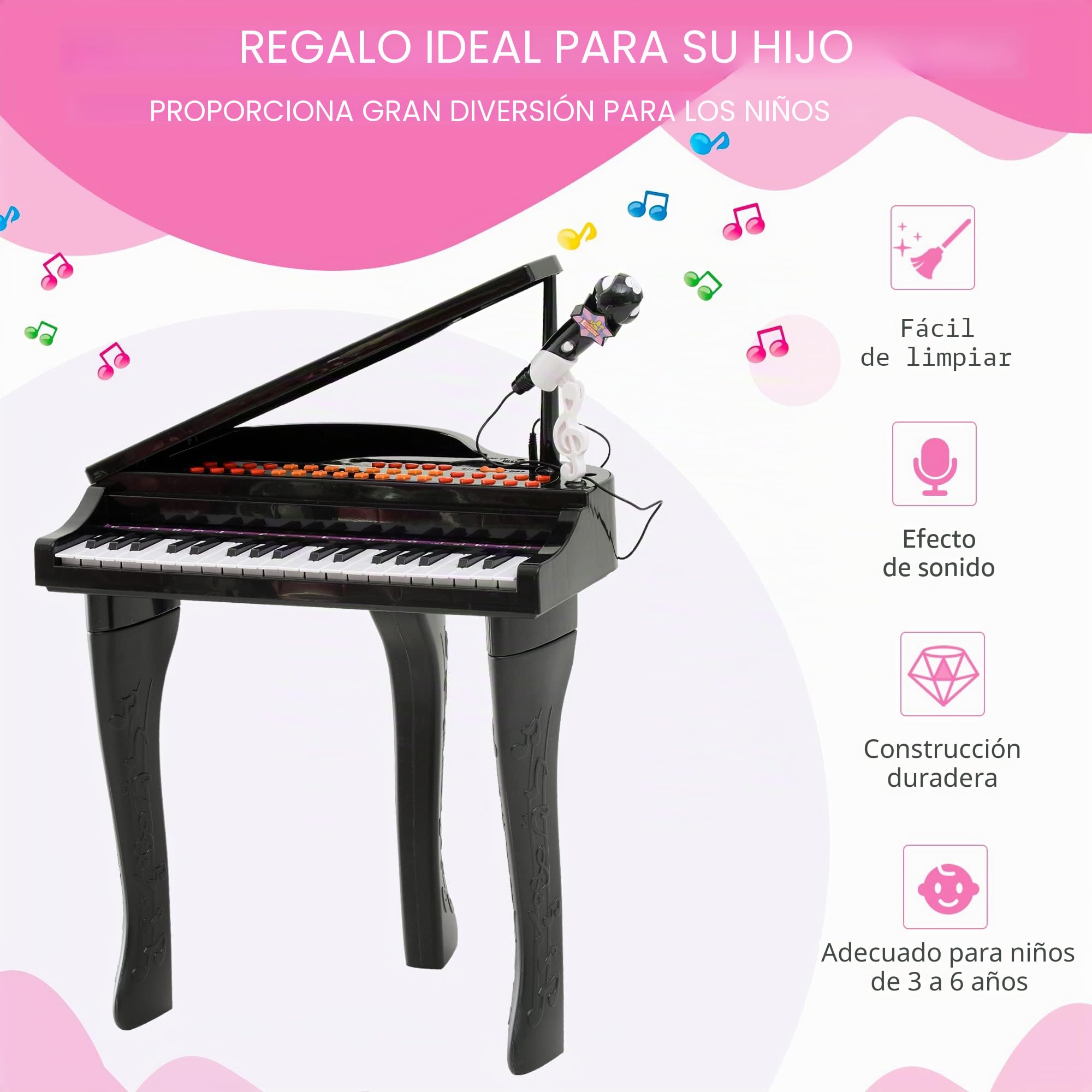 HOMCOM - Piano electrónico de 37 teclas, 3 a 6 años, color negro | Multifunción con micrófono altavoz, luz LED, función de grabación y reproducción, instrumento musical infantil