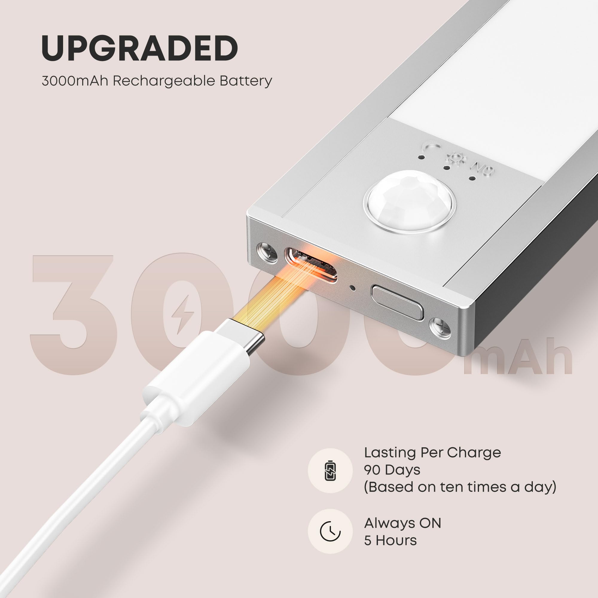 LROLTEF Under Cabinet Kitchen Lights Motion Sensor Dimmable 50cm 3000mAh 6500K LED Under Counter USB-C Rechargeable Wardrobe Sensor Indoor Night Lights for Kitchen Shelf Stairs Closet 2 Pack - Image 4