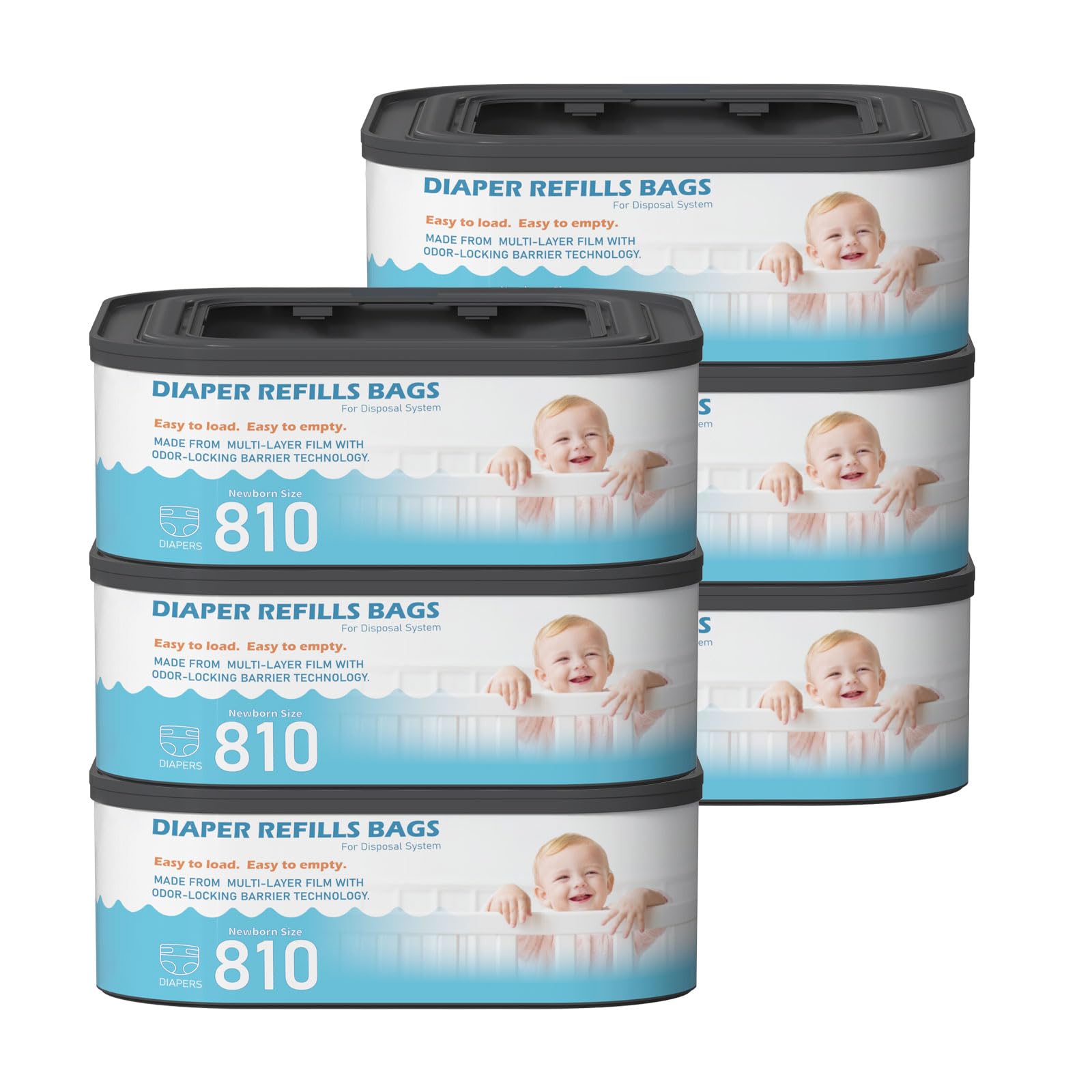 Bolsas de basura cuadradas jumbo (aroma a talco de bebé) compatibles con pañales Genie Classic, compactos y seleccionados, capacidad para hasta 810 pañales de tamaño recién nacido por recambio, 6