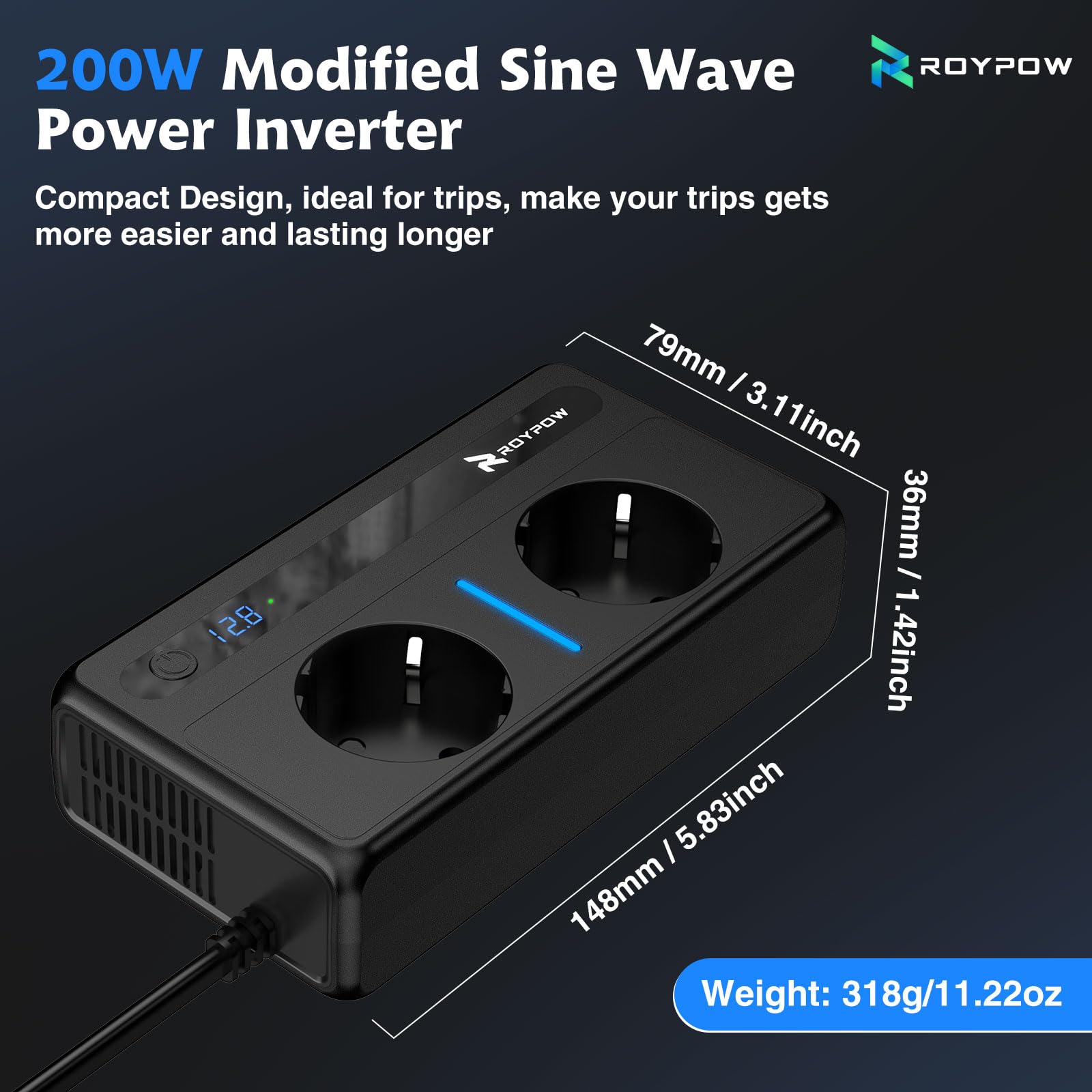 RoyPow Convertisseur 12V 220V 230V 240V 200W Prise Allume Cigare Transformateur de Tension, 2 Prises EU et 4 Ports USB, CC vers CA pour Voiture