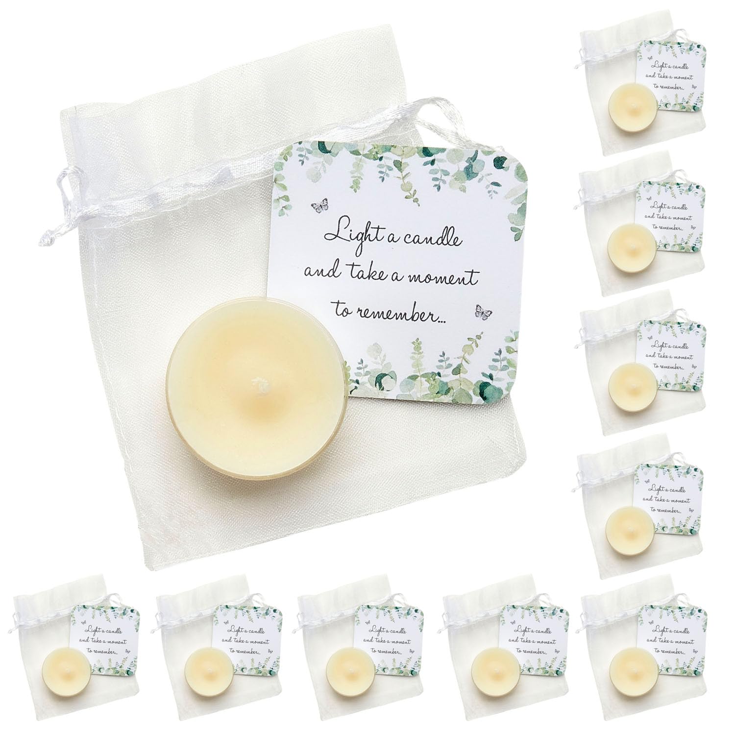 ANGEL & DOVE 10 Tealight Funeral Favours, Botanical Eucalyptus Design, Memorial Keepsake