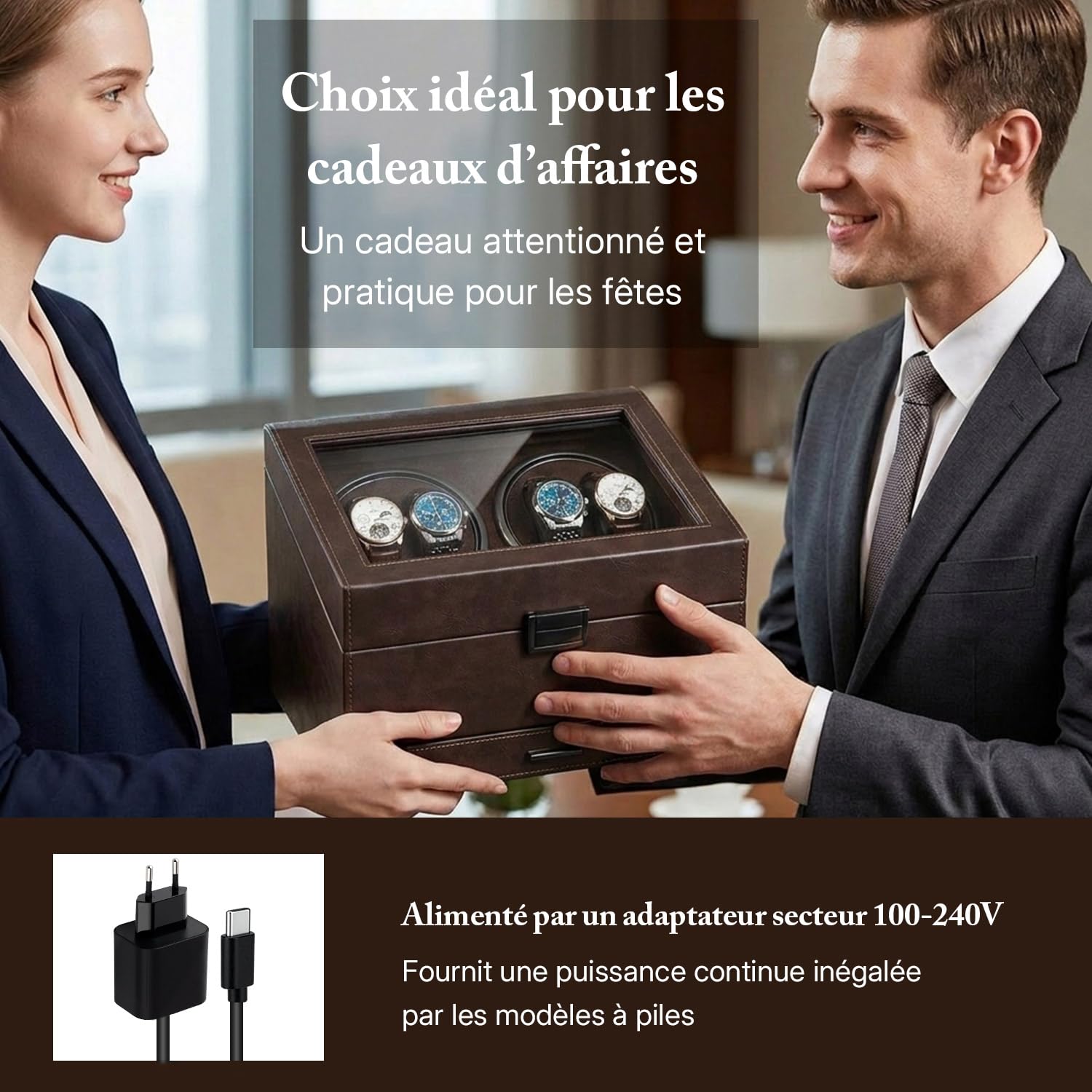 Mcbazel Remontoir Automatique pour 4 Montres avec 6 Compartiments | Éclairage d'Ambiance LED Bleu, Moteur Ultra-Silencieux, 4 Modes de Rotation, Fonction d'Arrêt Intelligent à l'Ouverture