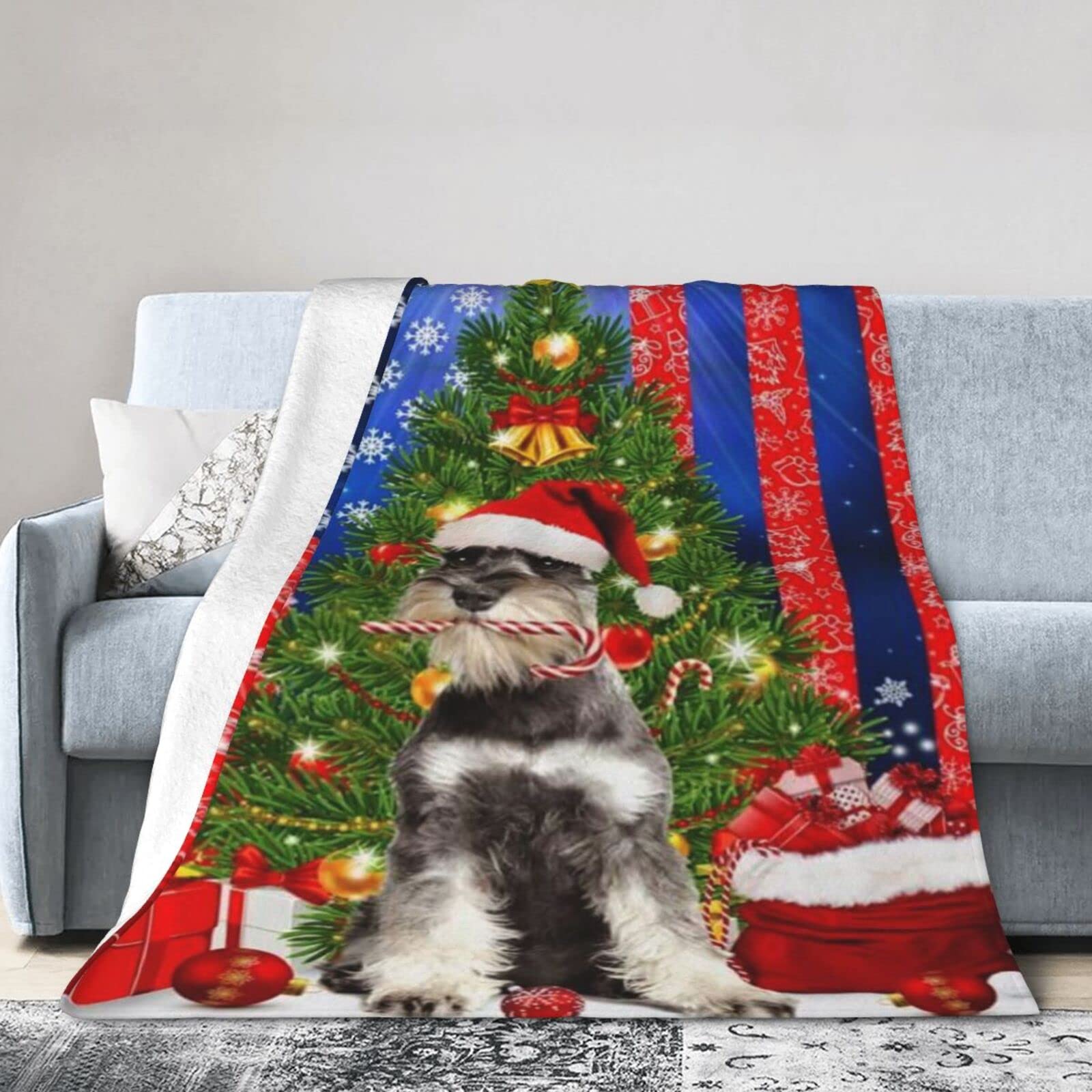 Lsjuee Flannel Fleece Blanket 40"X30" Lovely Schnauzer Christmas Flag Merry Christmas with Schnauzer Dog Sofa Throw Blanket Lightweight Ultra-Soft Travel Winter Blankets for Mens Keep Warm
