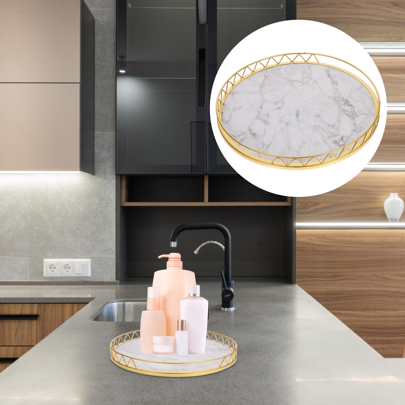 Vassoio Decorativo Rotondo in Legno e Metallo Marmorizzato | Frutta e Piante, Finitura Oro, Design Moderno Elegante per Decorazioni Domestiche