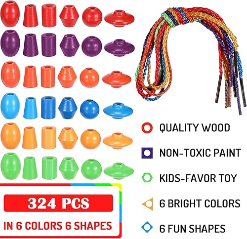 Shappy 324 Pcs Lacing Beads for Toddler 1-6 Years for School Classroom Wooden String Beads Threading Toys Toddler Montessori Kids Lacing Toys Preschool Fine Motor Skills Plaything Educational