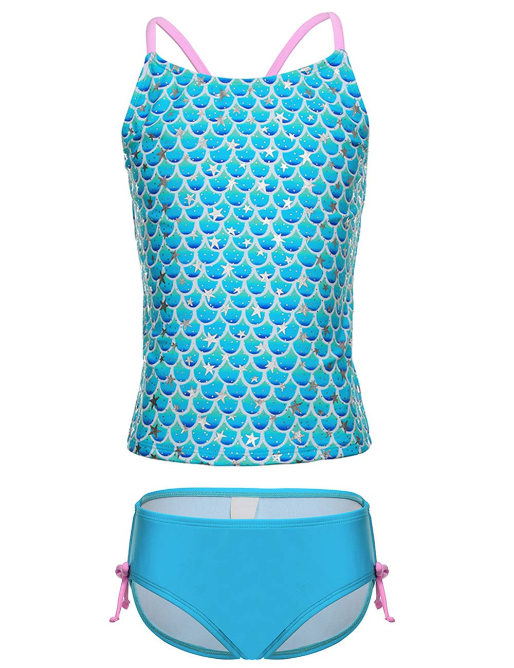 Girls Two Piece Tankini Set Swimsuits, Blue Mermaid Scale Print Bathing Suits, Star Swimwear for Kids, Size 4T 5T 6T 6X