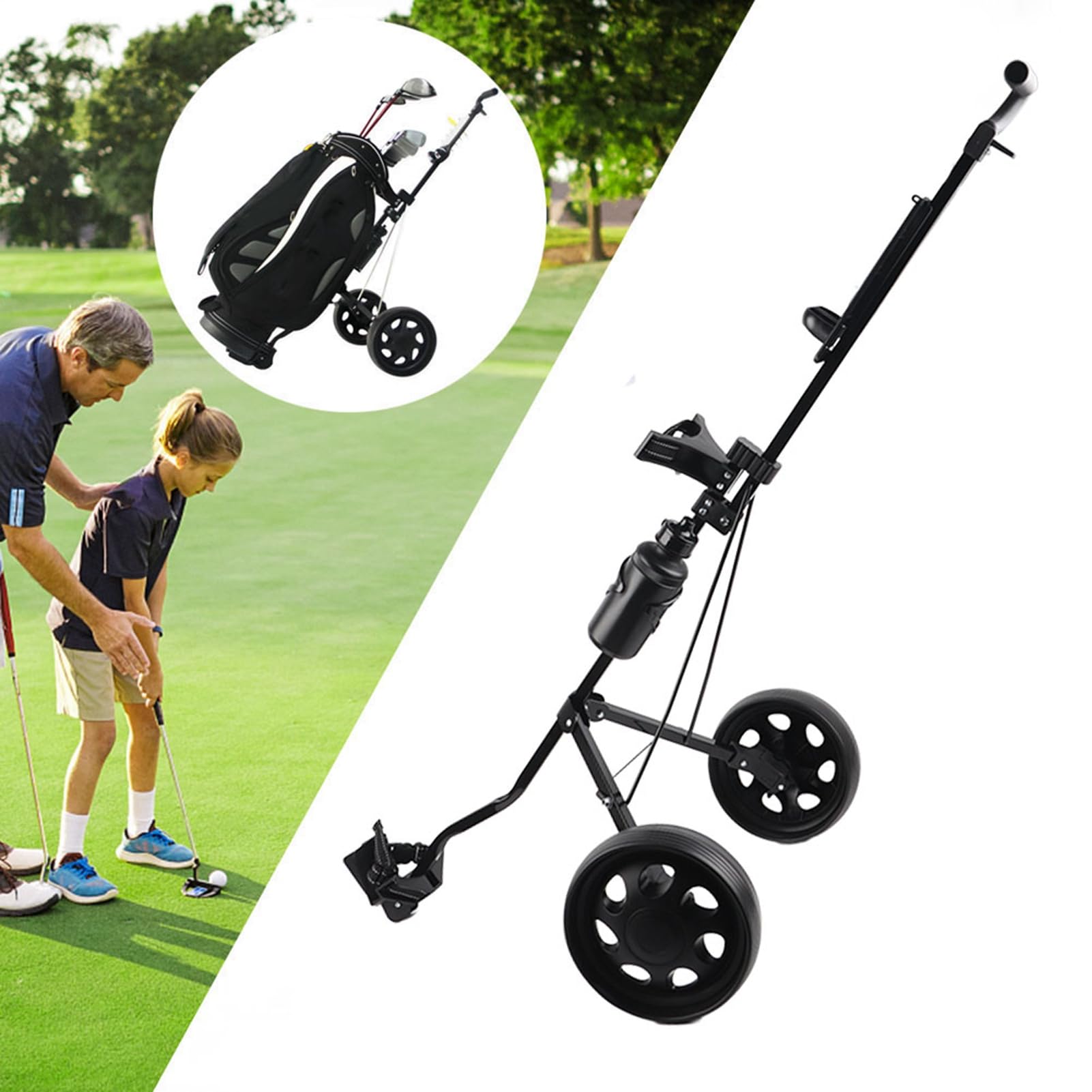 RiToEasysports Carro de Golf Carro de Empuje y tracción Plegable Negro de 2 Ruedas con multifunción para Campo de Golf