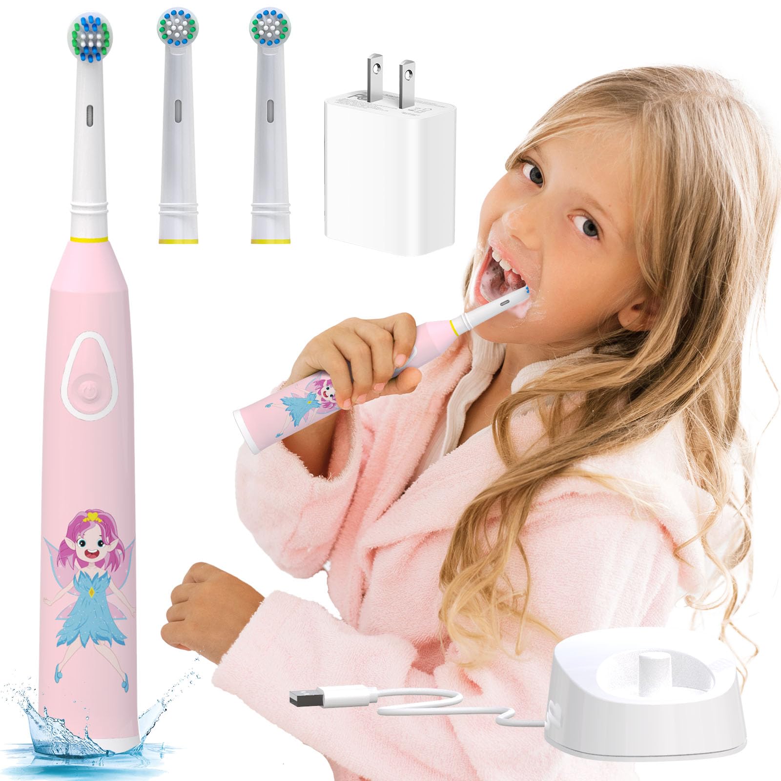 1PC Rotating Kids Electric Toothbrush with 2 Brush Heads | IPX7 Cartoon Kids Electric Toothbrushes 3 Modes Rechargeable Toothbrush | 1 USB Charger with Charger Block - Pink