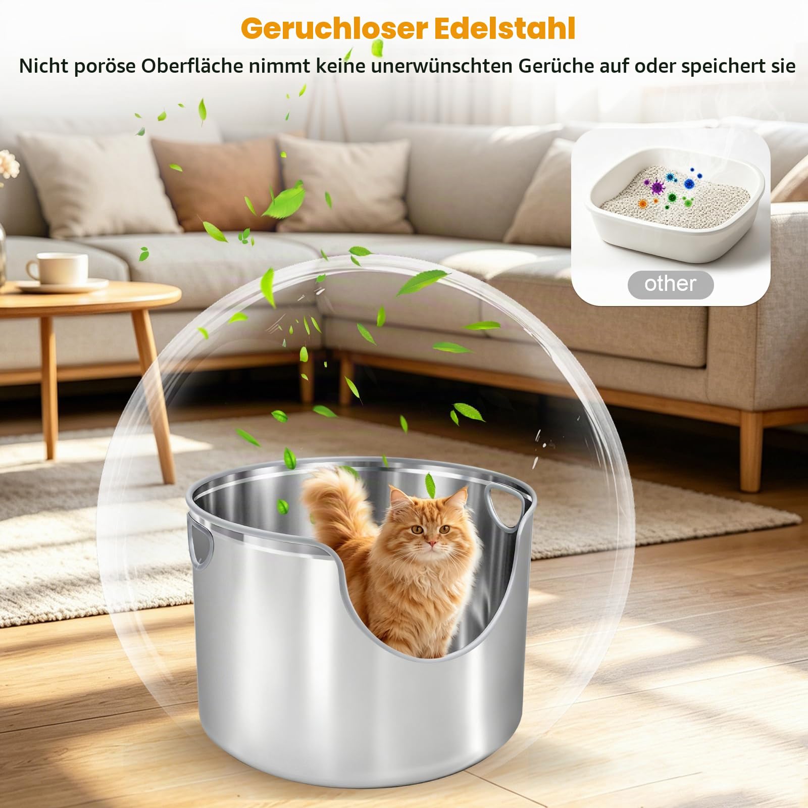 Homegroove Runde Edelstahl Katzentoilette, 45 cm Hohe Seiten Metall Katzenklo für Große Katzen, Auslaufsicher & Leicht zu Reinigen inkl. Metallschaufel (Edelstahl)
