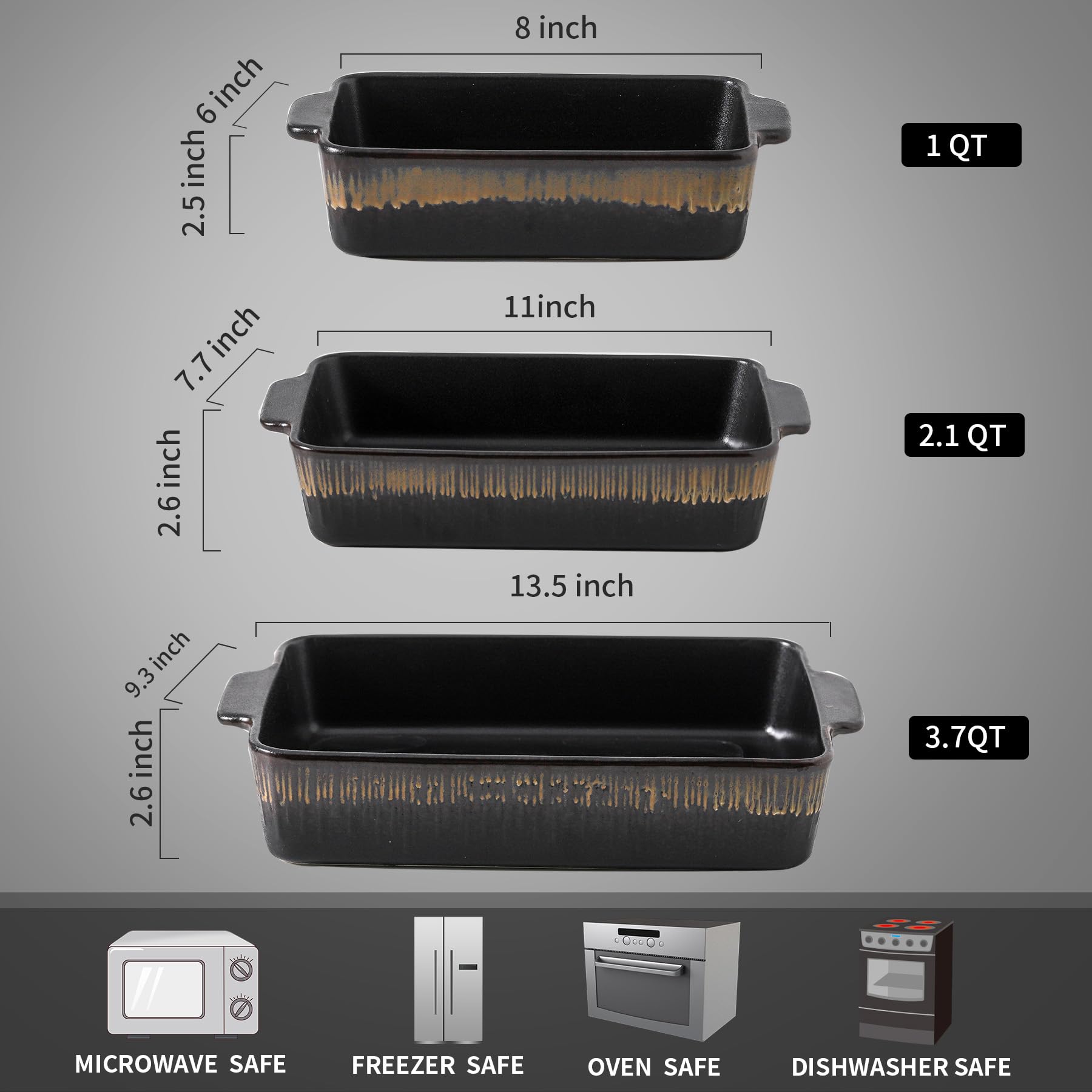 KOOV Bakeware Set Keramik Backform Rechteckige Backformen Set Auflaufform zum Kochen Kuchen Abendessen Küche 30.5 cm x 21.6 cm 3-teilig Stripe Serie (Rohschwarz)