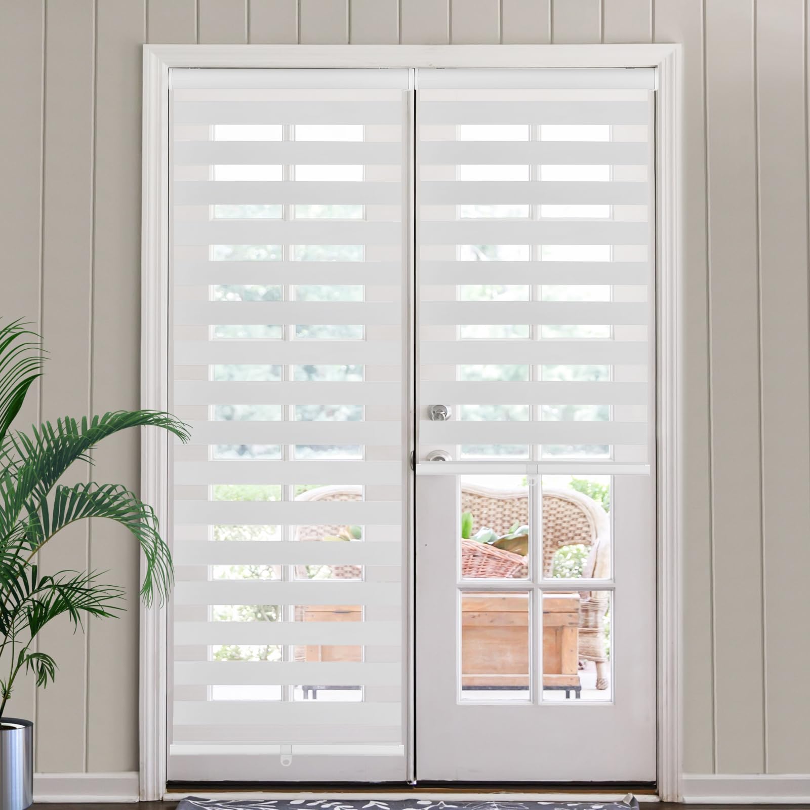 Photo 1 of SEEYE Cordless Zebra Blinds for Window, French Door Blinds Free-Stop Roller Window Shades with Valance 64" W x 72" H, 95% Blackout Window Treatment Sheer Blinds & Shades Easy to Install, White