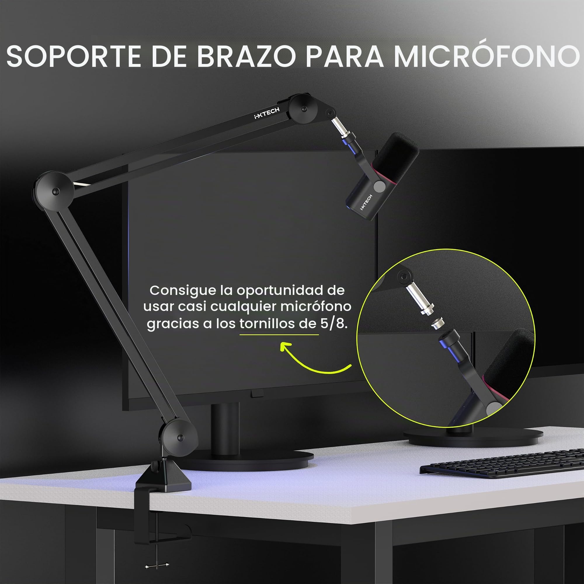IXTECH Soporte de Brazo para Micrófono, Ajustable y Resistente con Bridas para Cables, Montaje en Escritorio para Juegos, Transmisión, Podcasting (Grande)