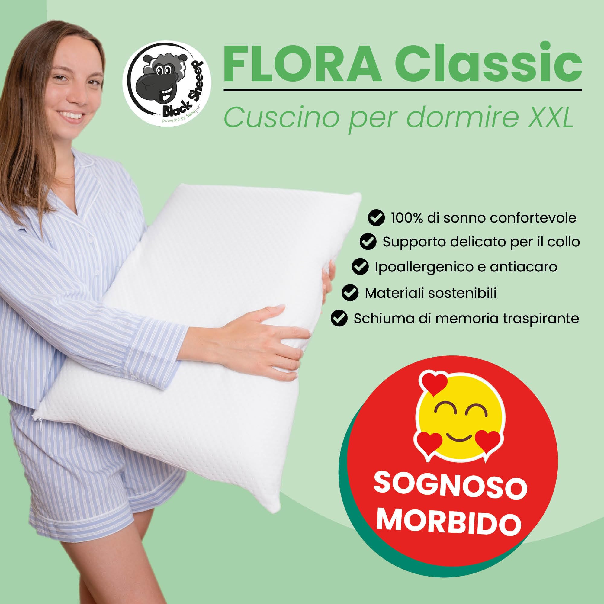 FLORA Classic - Cuscino ergonomico in memory foam con 30% soia, anallergico, cuscino cervicale