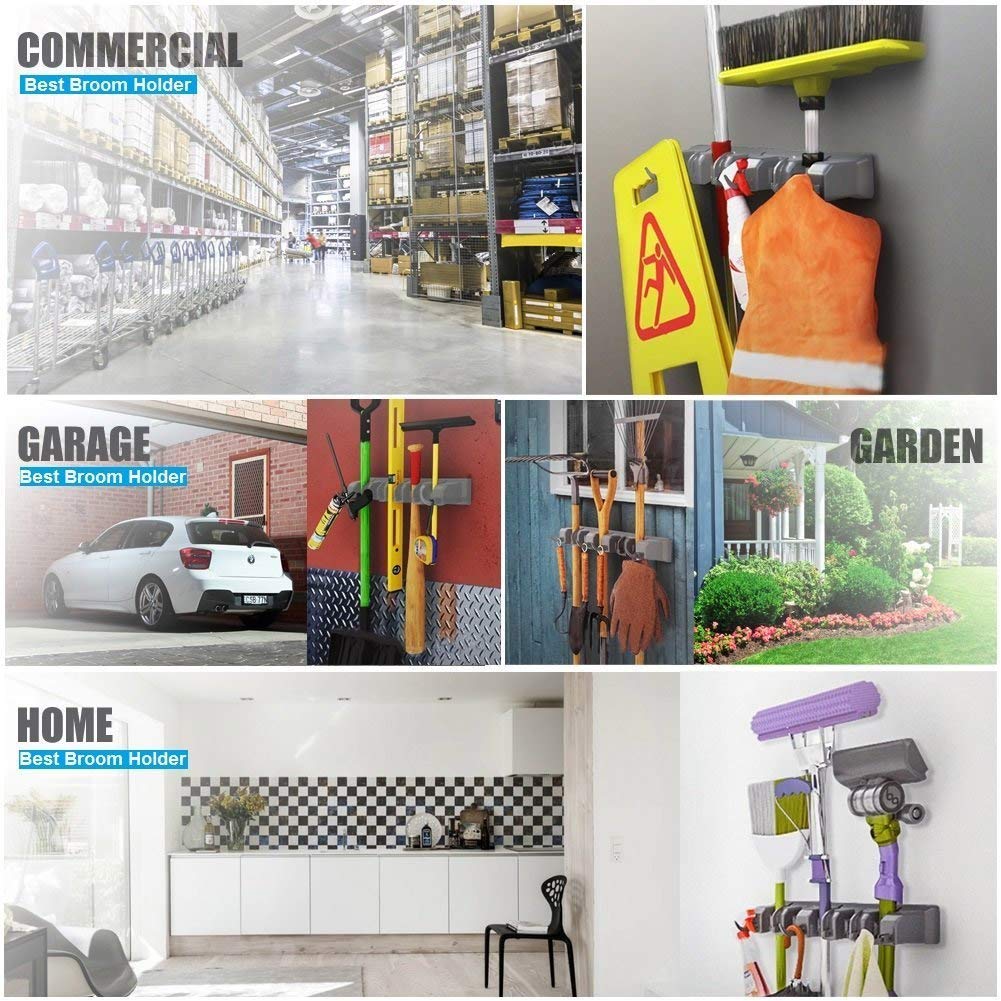 BAKAJI Portascope e Spazzole da Muro a 5 Posti, Rastrelliera Porta Scopa, Spazzolone e Utensili a Parete Salvaspazio in Plastica Grigio, Fissaggio con Viti, 6 Ganci Portatutto Versatile Multiuso
